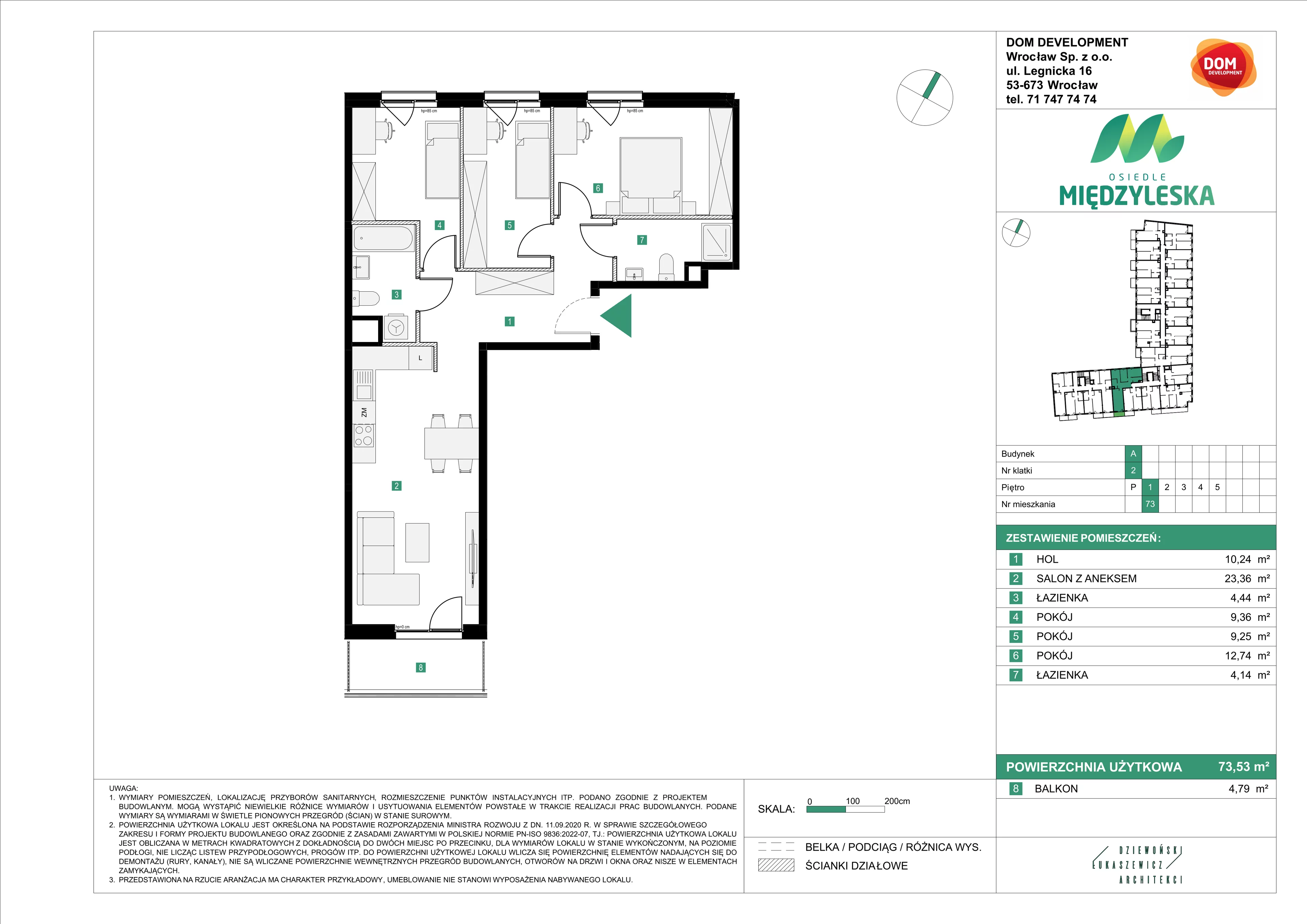 4 pokoje, mieszkanie 73,53 m², piętro 1, oferta nr A/73, Osiedle Międzyleska, Wrocław, Tarnogaj, Krzyki, ul. Międzyleska 6b