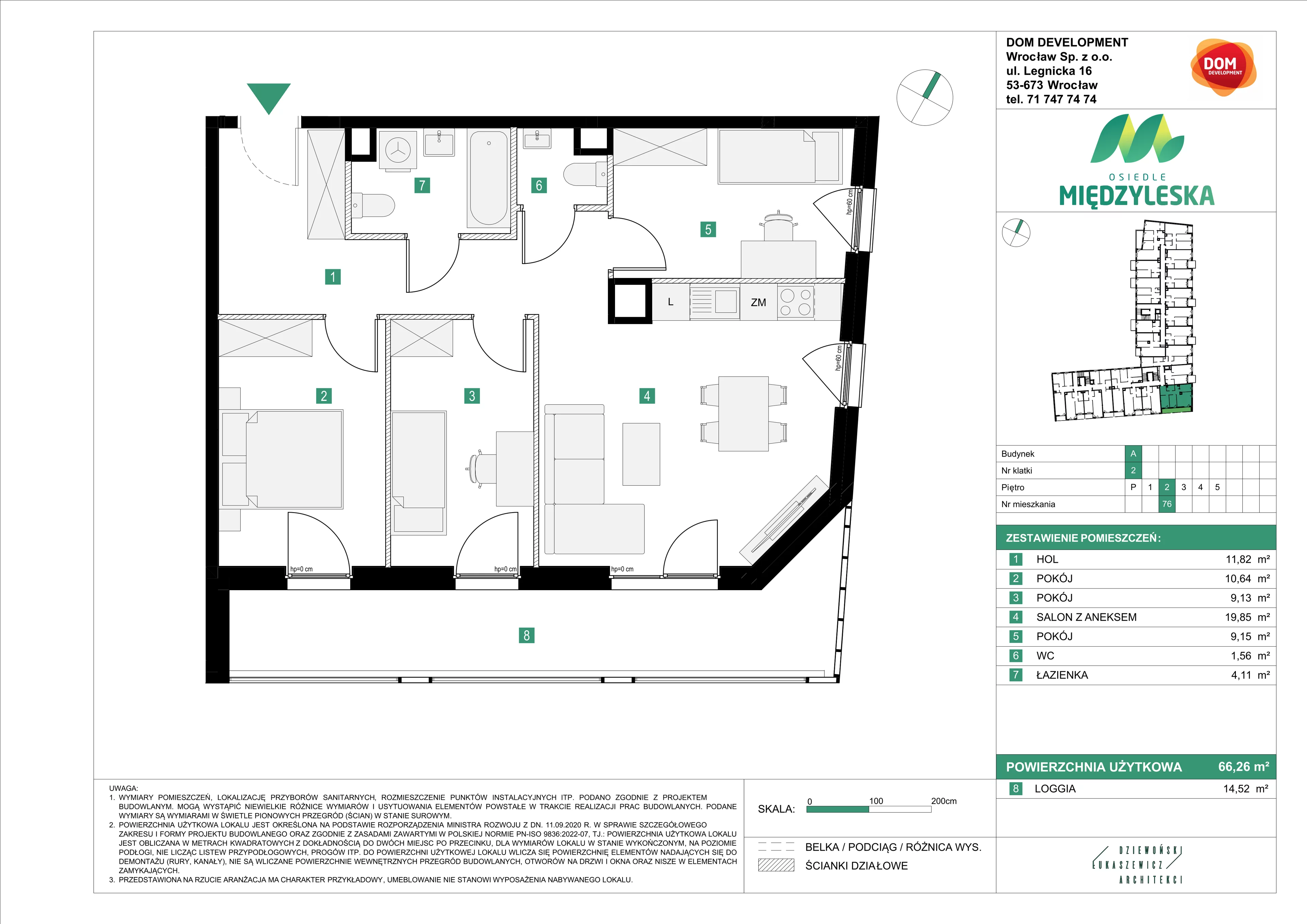 4 pokoje, mieszkanie 66,26 m², piętro 2, oferta nr A/76, Osiedle Międzyleska, Wrocław, Tarnogaj, Krzyki, ul. Międzyleska 6b