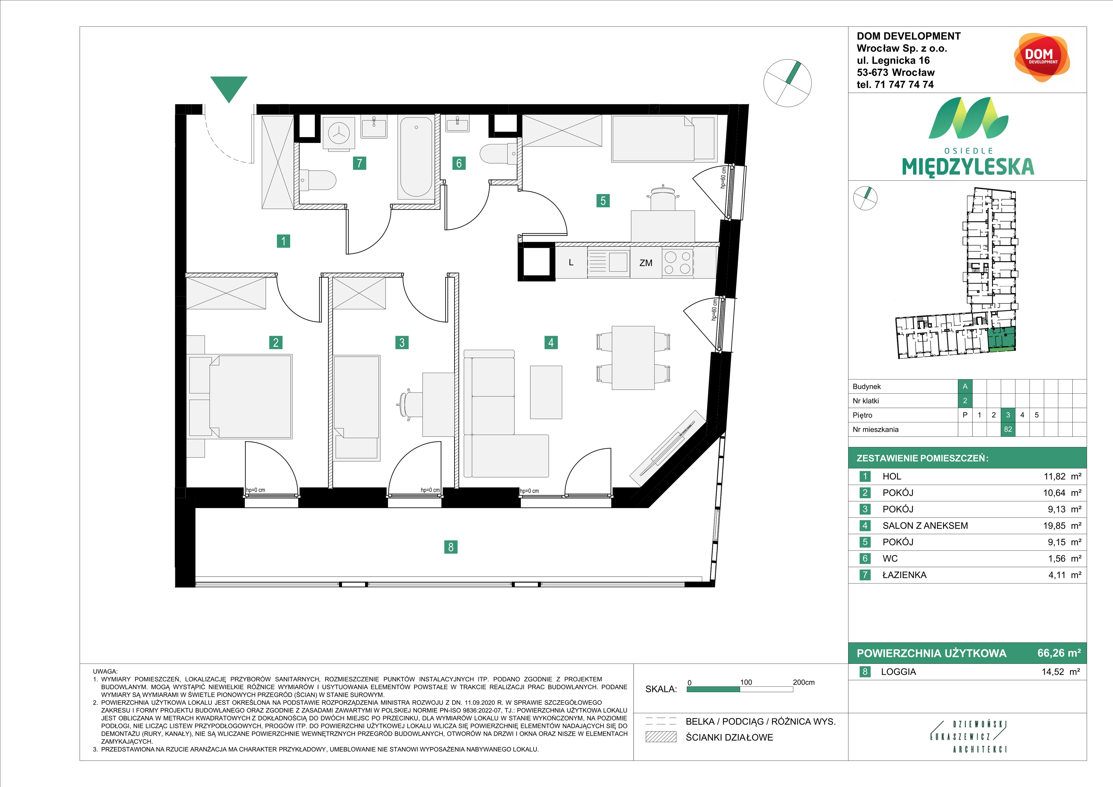 4 pokoje, mieszkanie 66,26 m², piętro 3, oferta nr A/82, Osiedle Międzyleska, Wrocław, Tarnogaj, Krzyki, ul. Międzyleska 6b