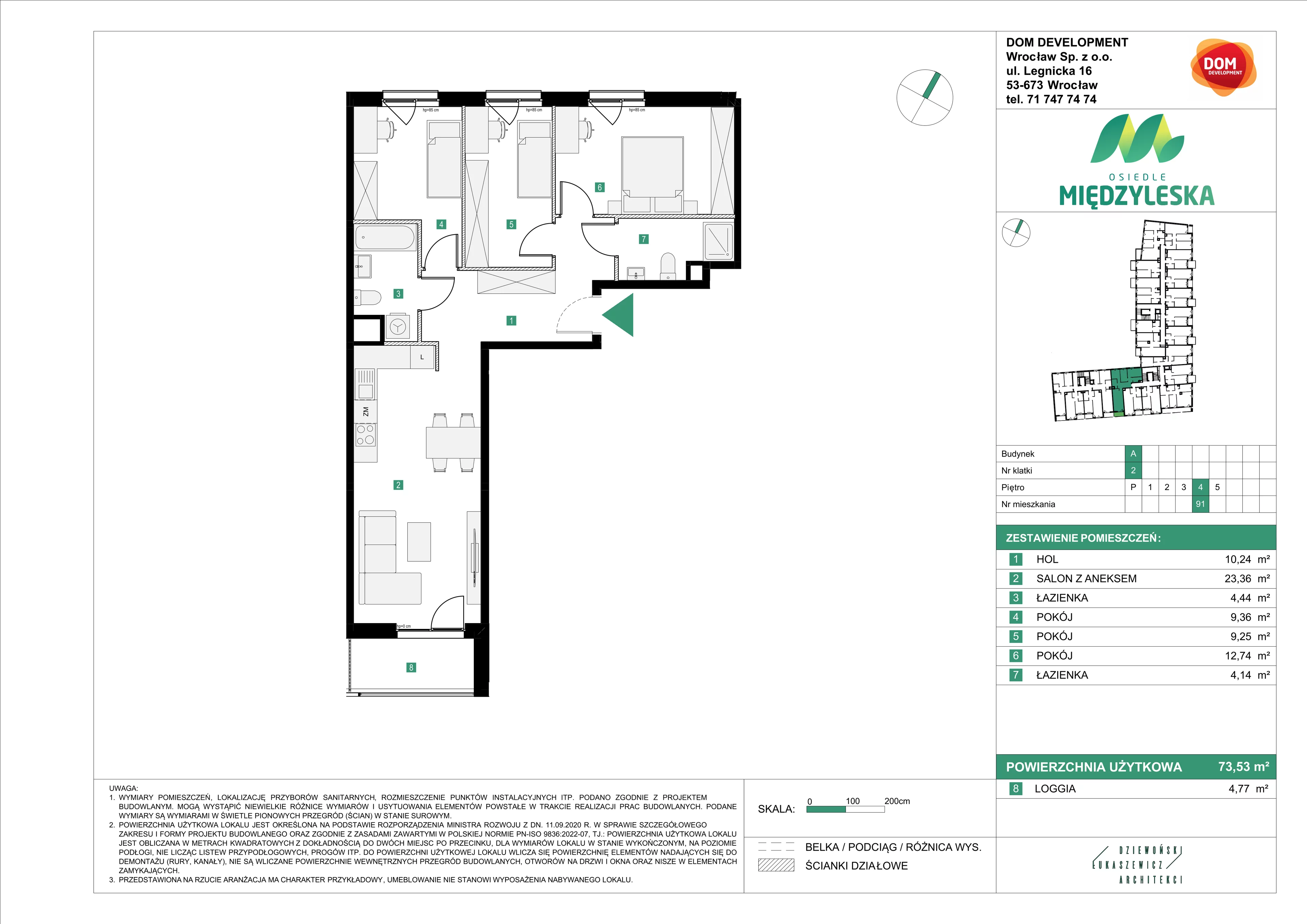4 pokoje, mieszkanie 73,53 m², piętro 4, oferta nr A/91, Osiedle Międzyleska, Wrocław, Tarnogaj, Krzyki, ul. Międzyleska 6b