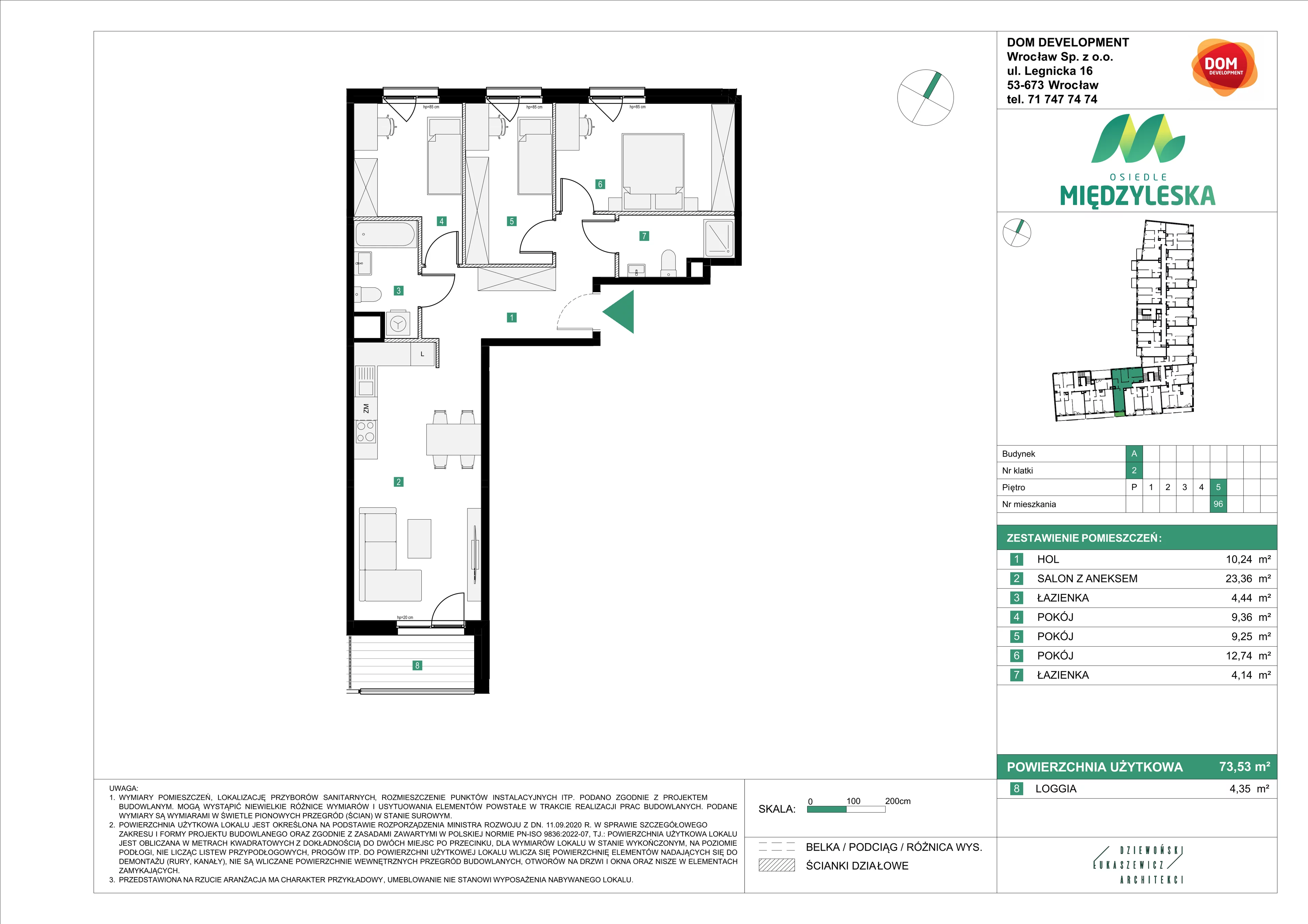 4 pokoje, mieszkanie 73,53 m², piętro 5, oferta nr A/96, Osiedle Międzyleska, Wrocław, Tarnogaj, Krzyki, ul. Międzyleska 6b