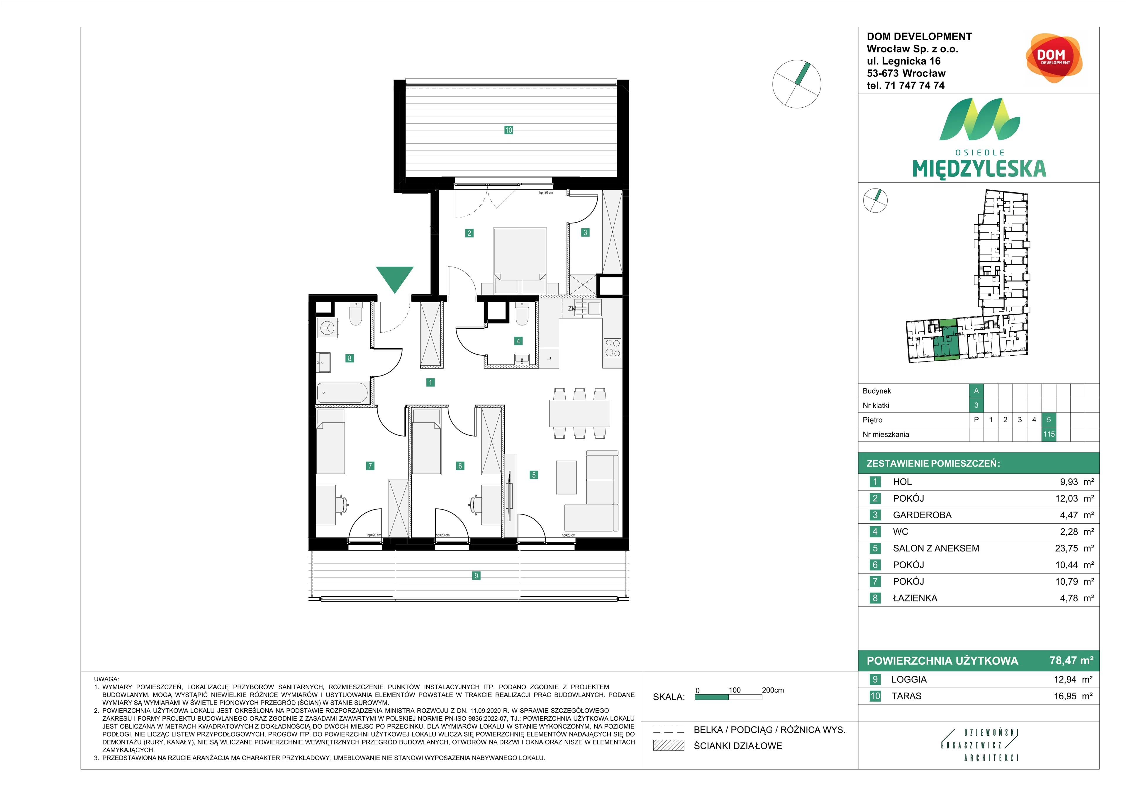 4 pokoje, mieszkanie 78,47 m², piętro 5, oferta nr A/115, Osiedle Międzyleska, Wrocław, Tarnogaj, Krzyki, ul. Międzyleska 6b