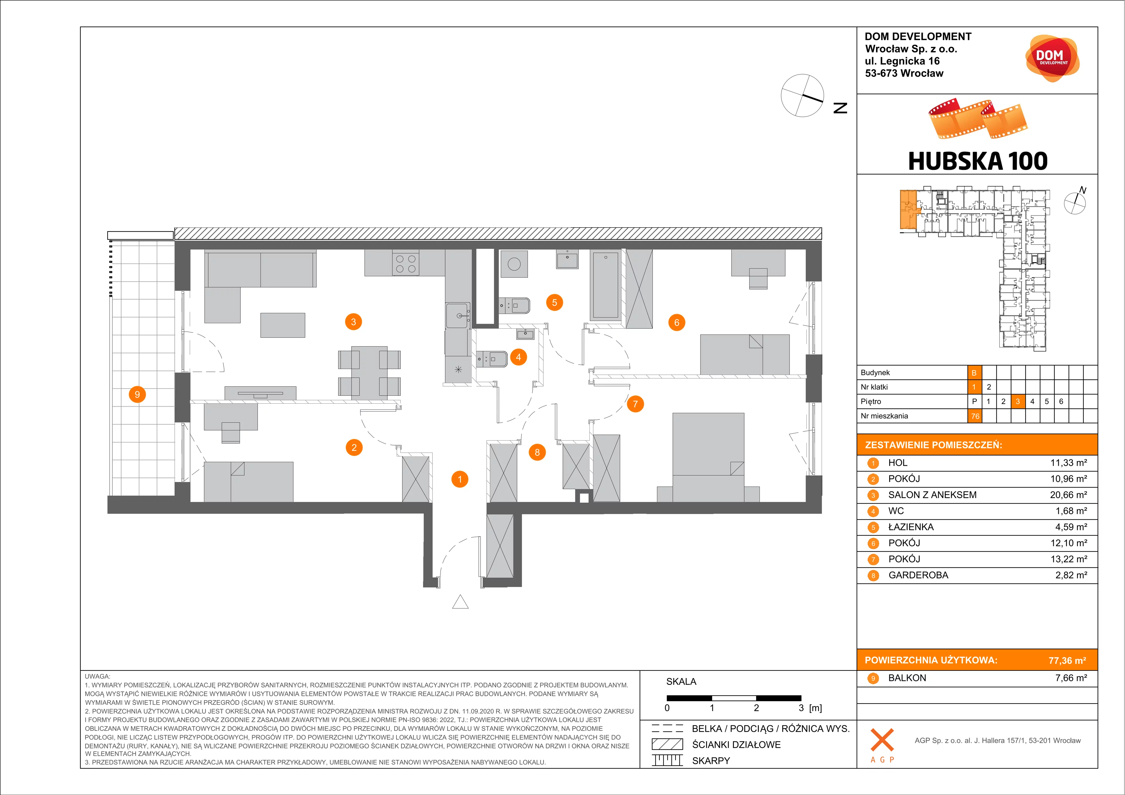4 pokoje, mieszkanie 77,36 m², piętro 3, oferta nr B/76, Hubska 100, Wrocław, Huby, Krzyki, ul. Paczkowska