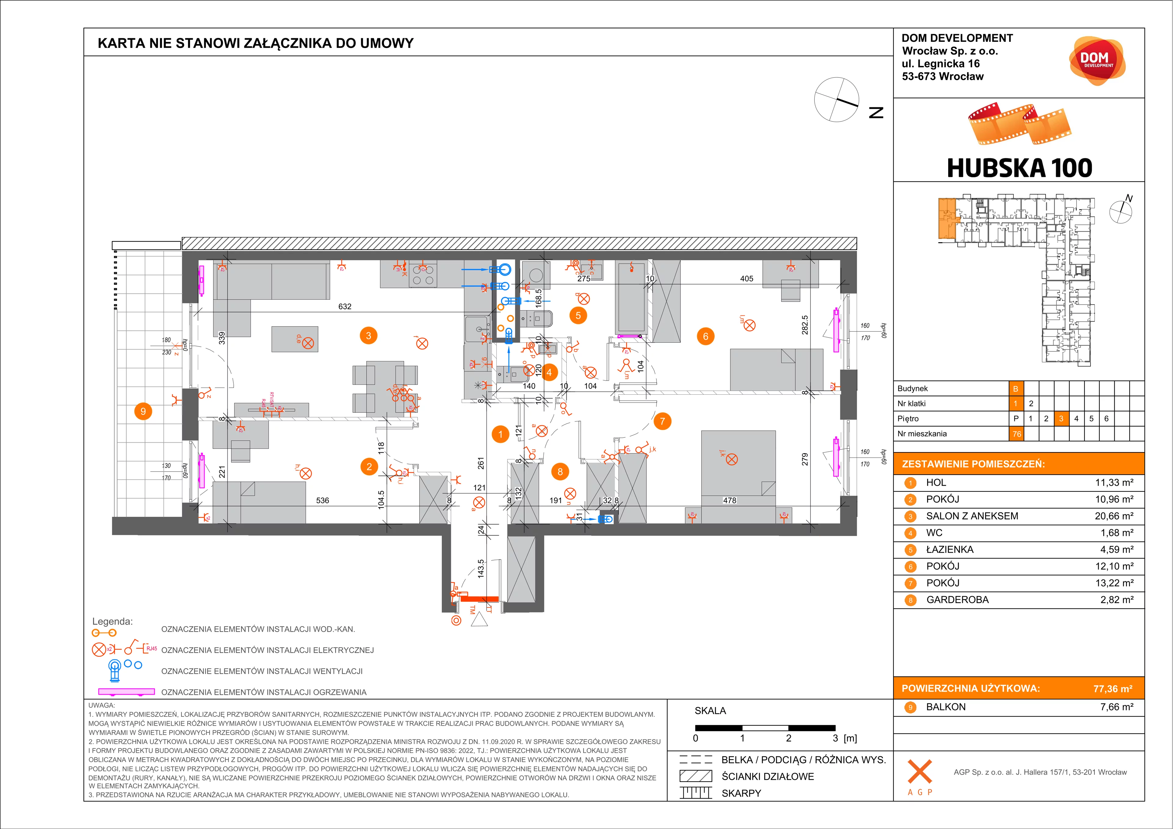 4 pokoje, mieszkanie 77,36 m², piętro 3, oferta nr B/76, Hubska 100, Wrocław, Huby, Krzyki, ul. Paczkowska