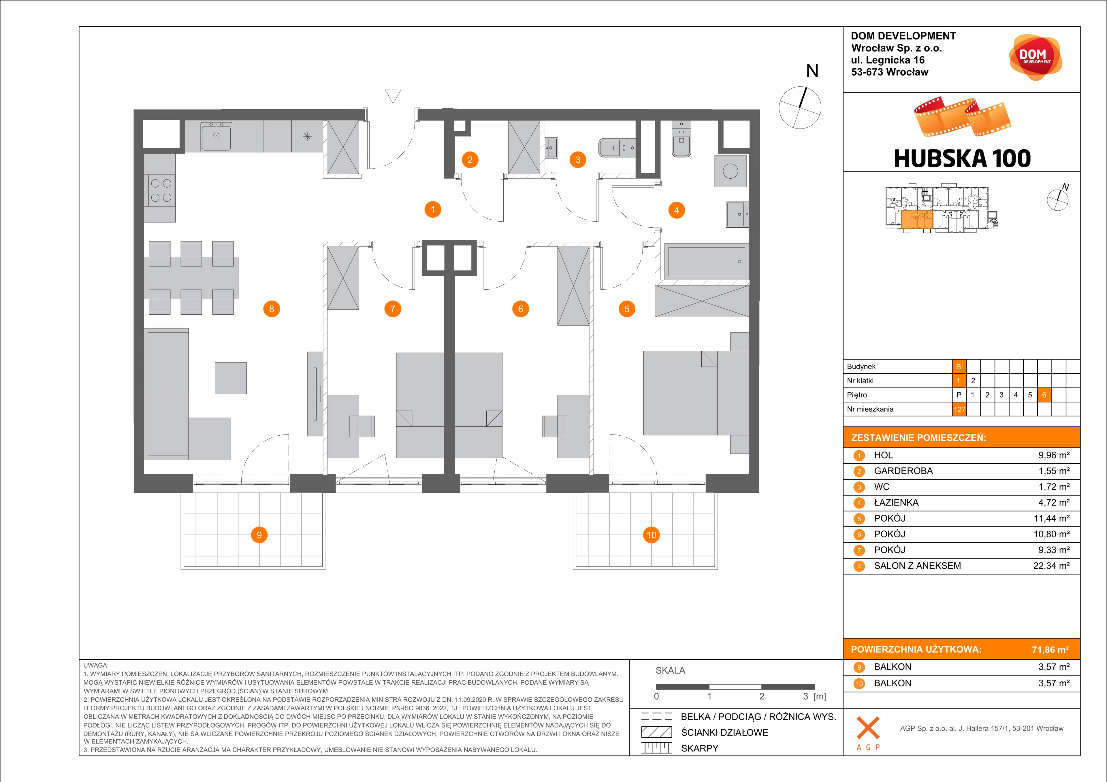 4 pokoje, mieszkanie 71,86 m², piętro 6, oferta nr B/127, Hubska 100, Wrocław, Huby, Krzyki, ul. Paczkowska