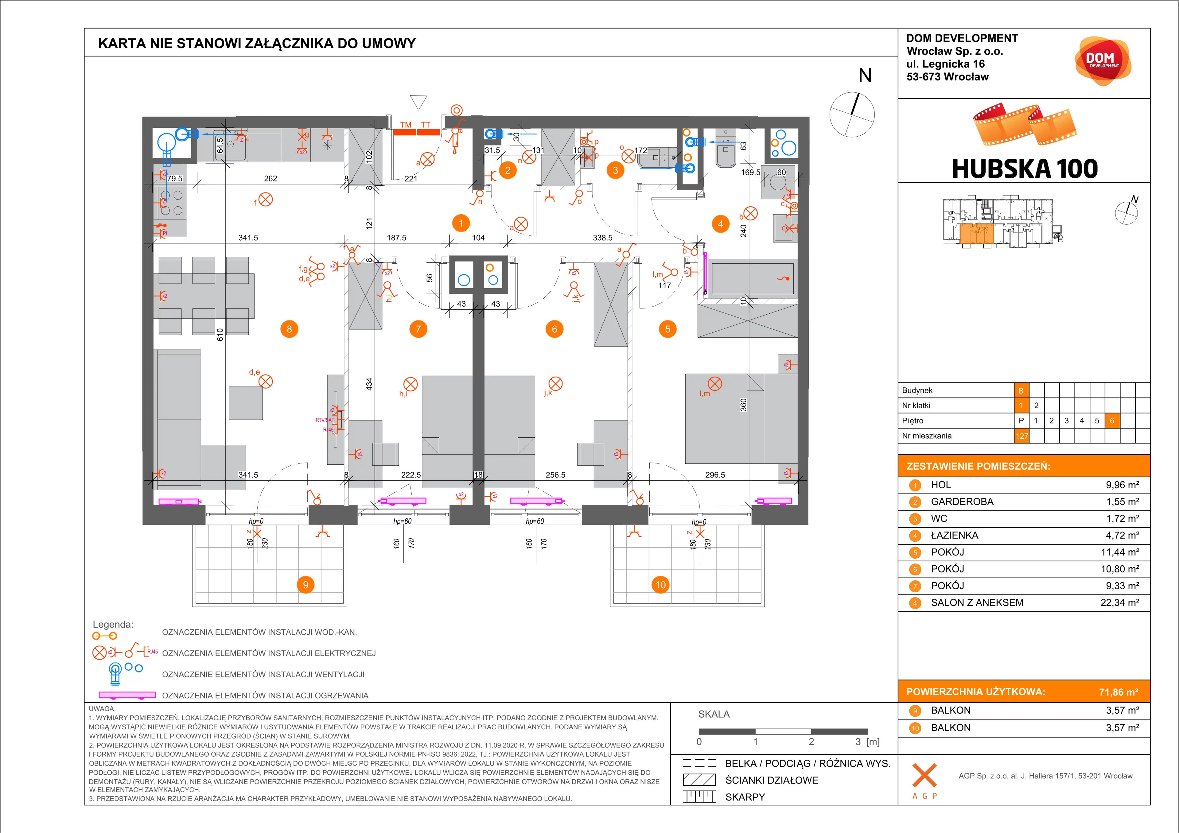 4 pokoje, mieszkanie 71,86 m², piętro 6, oferta nr B/127, Hubska 100, Wrocław, Huby, Krzyki, ul. Paczkowska
