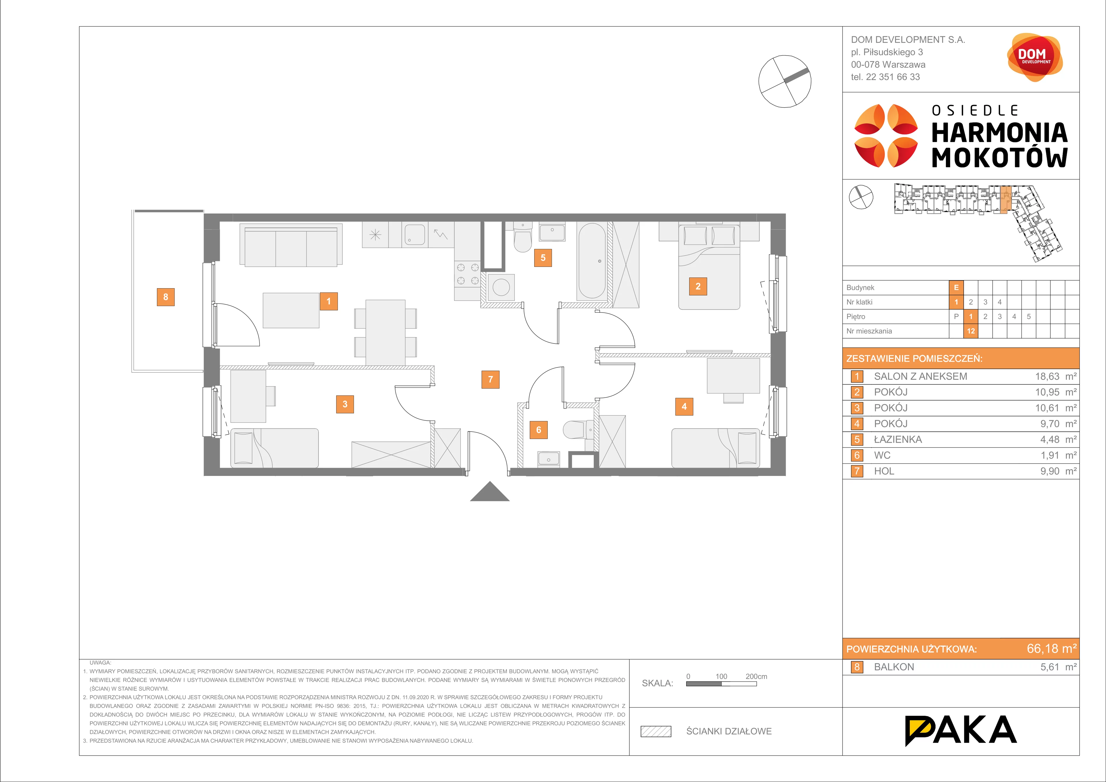 Mieszkanie 66,18 m², piętro 1, oferta nr E/12, Harmonia Mokotów, Warszawa, Mokotów, Siekierki, al. Polski Walczącej / Józefa Becka