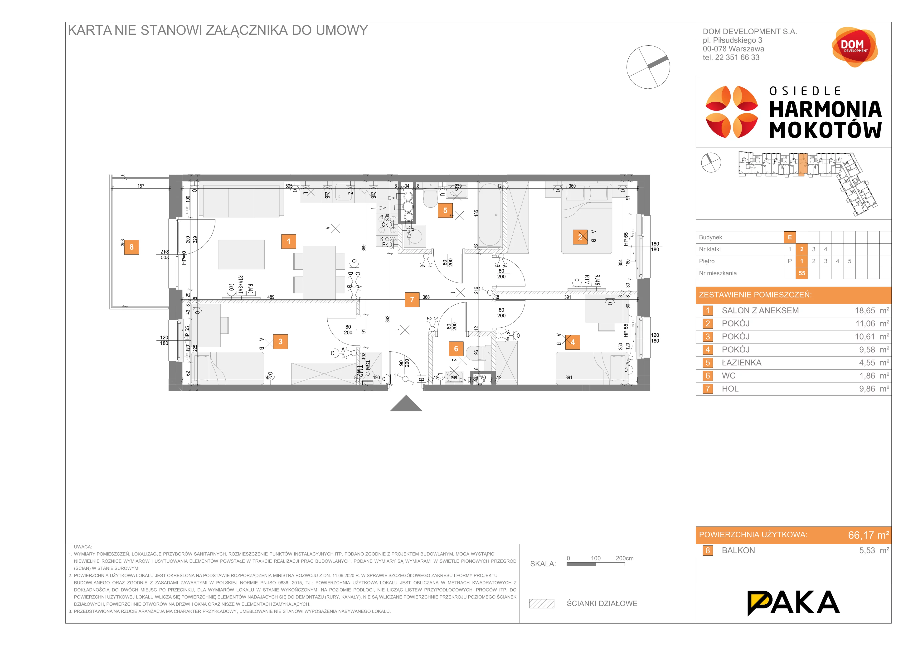4 pokoje, mieszkanie 66,17 m², piętro 1, oferta nr E/55, Harmonia Mokotów, Warszawa, Mokotów, Siekierki, al. Polski Walczącej / Józefa Becka