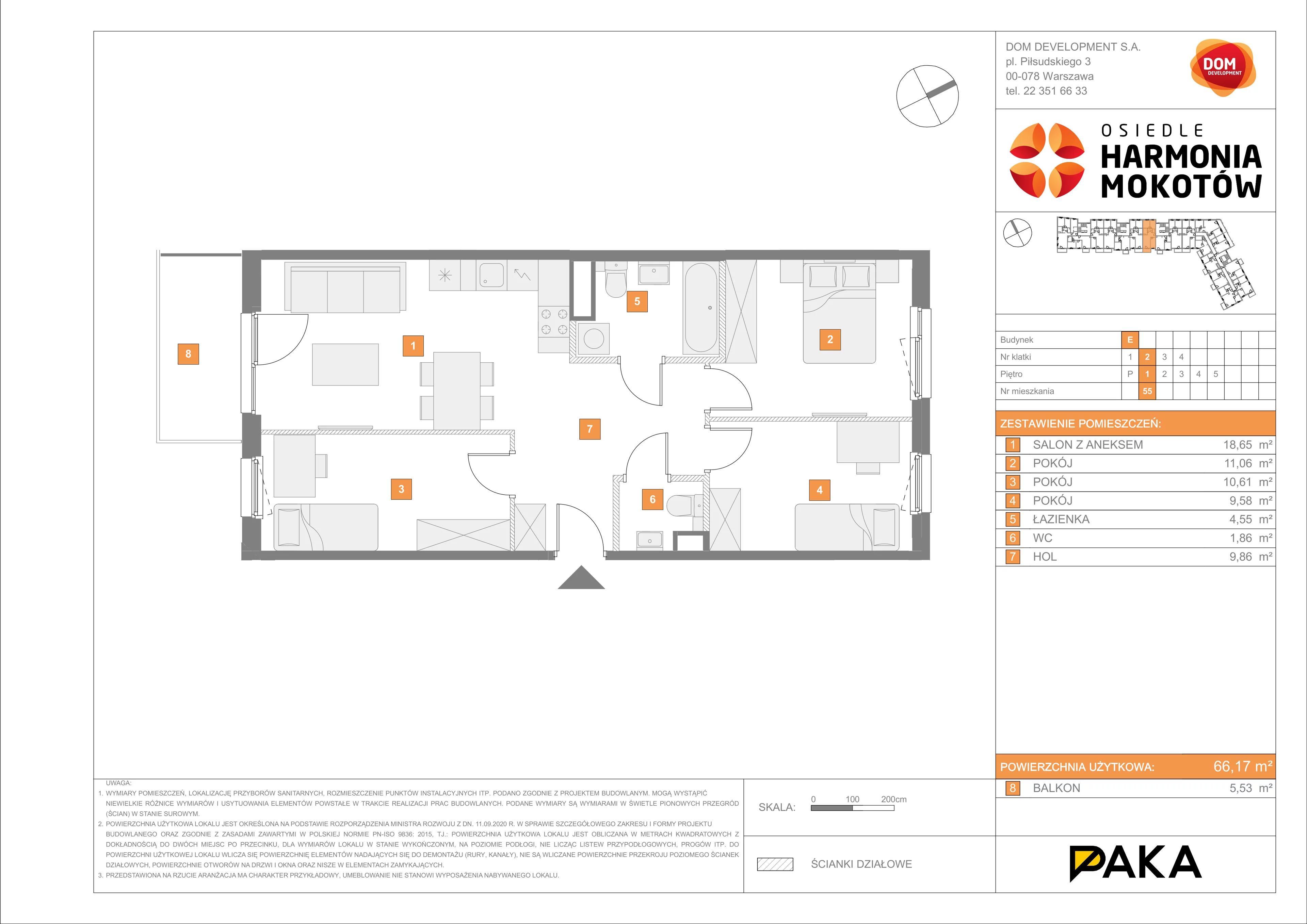 4 pokoje, mieszkanie 66,17 m², piętro 1, oferta nr E/55, Harmonia Mokotów, Warszawa, Mokotów, Siekierki, al. Polski Walczącej / Józefa Becka