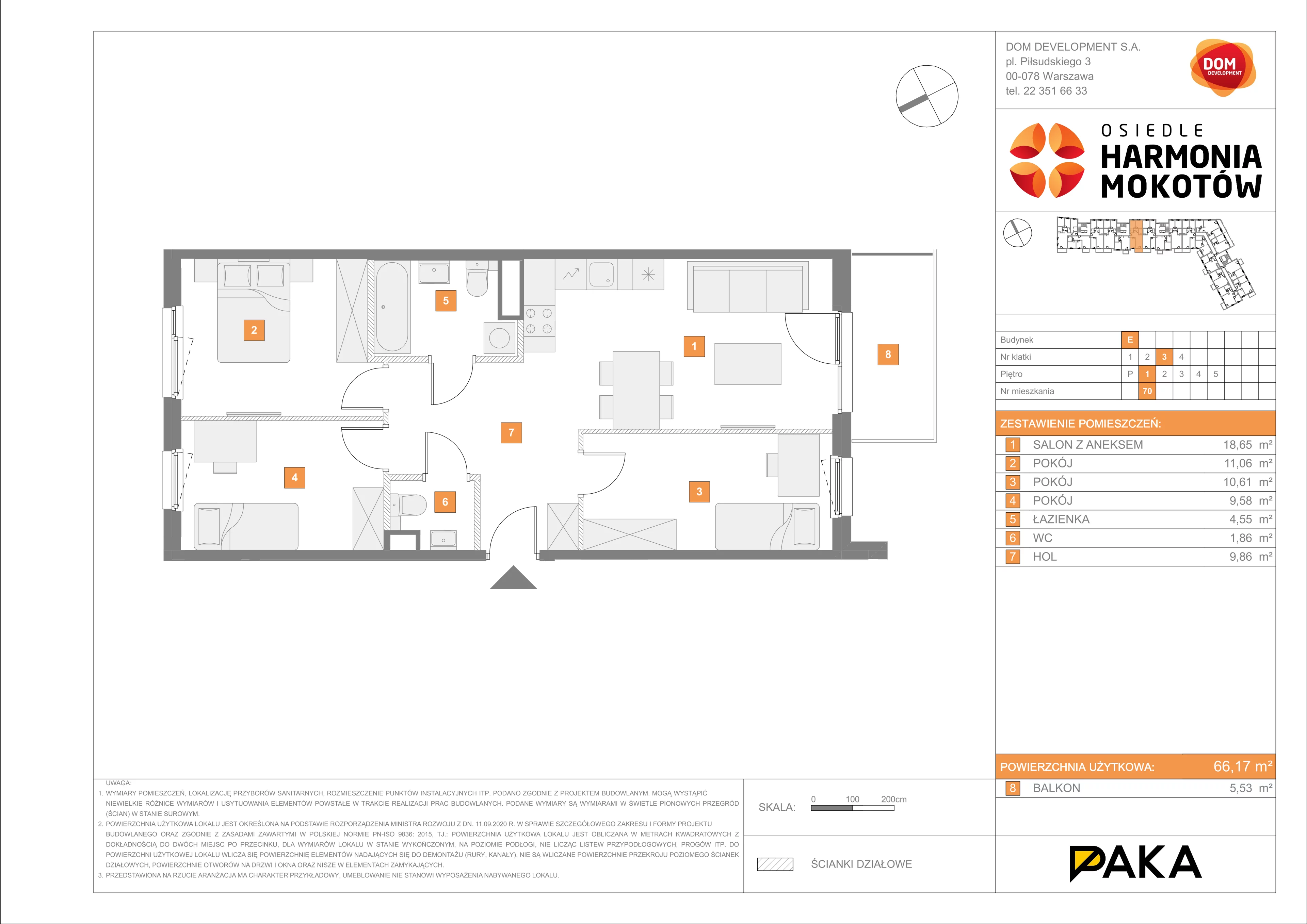 4 pokoje, mieszkanie 66,17 m², piętro 1, oferta nr E/70, Harmonia Mokotów, Warszawa, Mokotów, Siekierki, al. Polski Walczącej / Józefa Becka