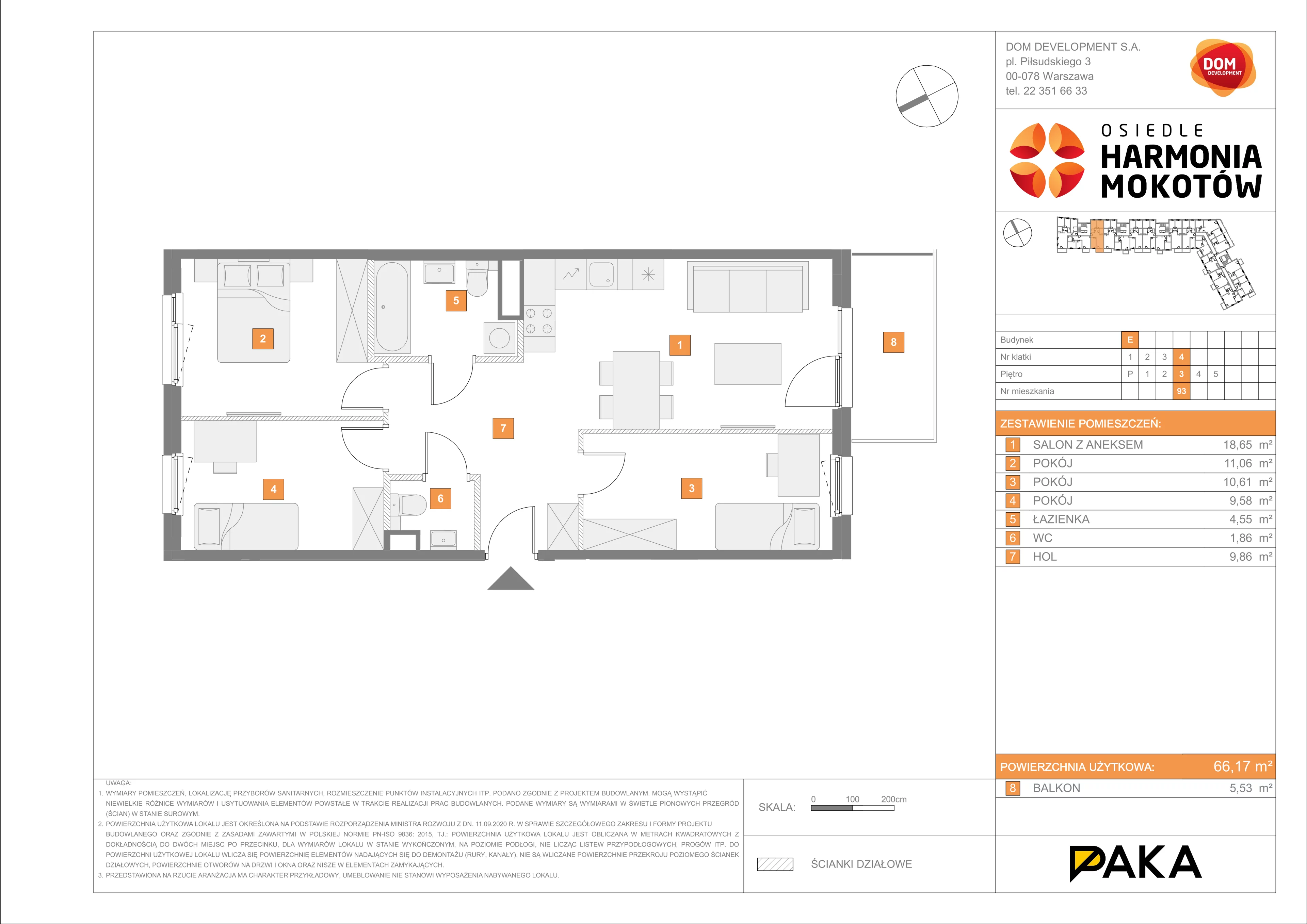 4 pokoje, mieszkanie 66,17 m², piętro 3, oferta nr E/93, Harmonia Mokotów, Warszawa, Mokotów, Siekierki, al. Polski Walczącej / Józefa Becka