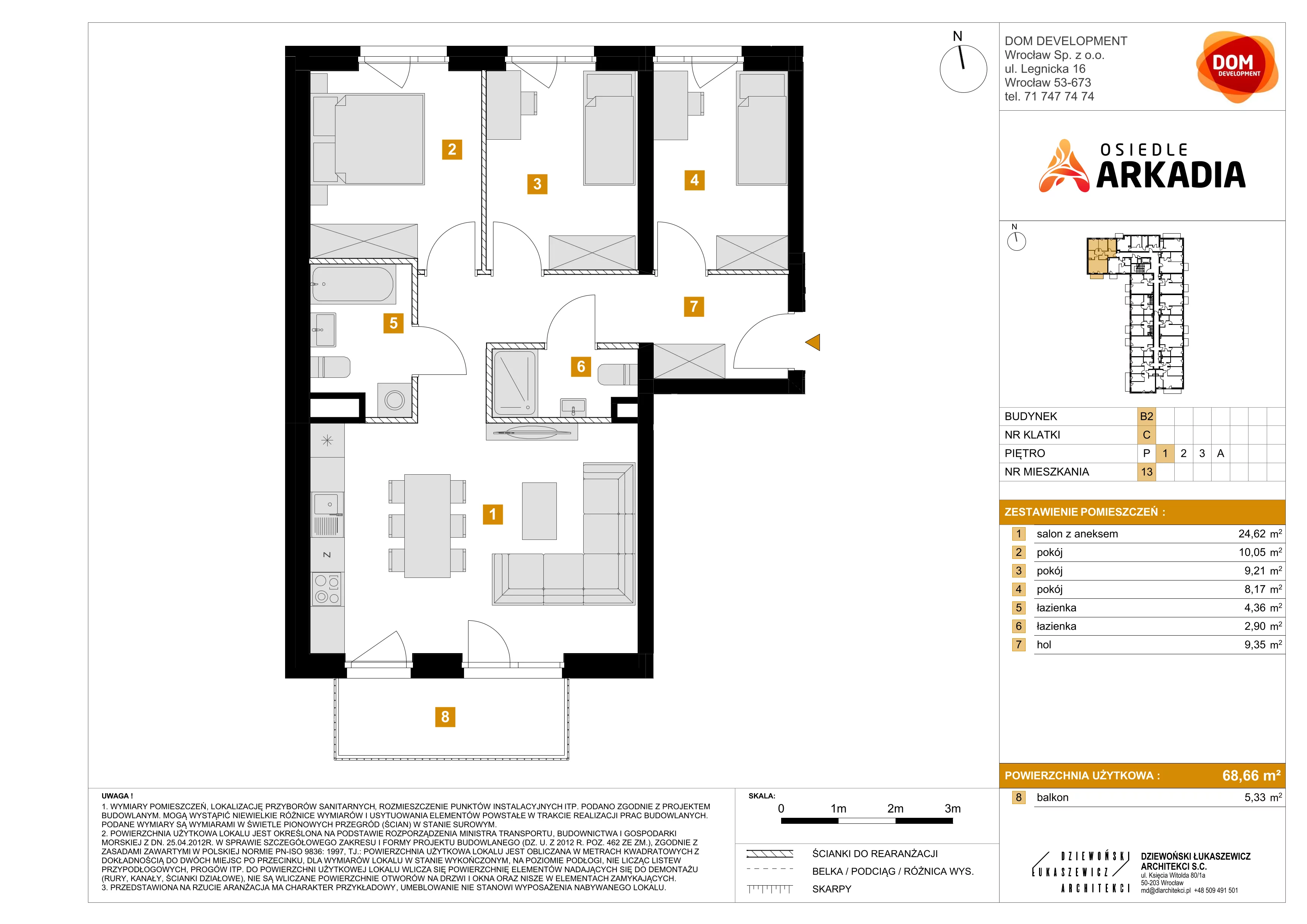 4 pokoje, mieszkanie 68,66 m², piętro 1, oferta nr B2/13, Osiedle Arkadia, Wrocław, Polanowice-Poświętne-Ligota, Poświętne, ul. Ramiszowska 6