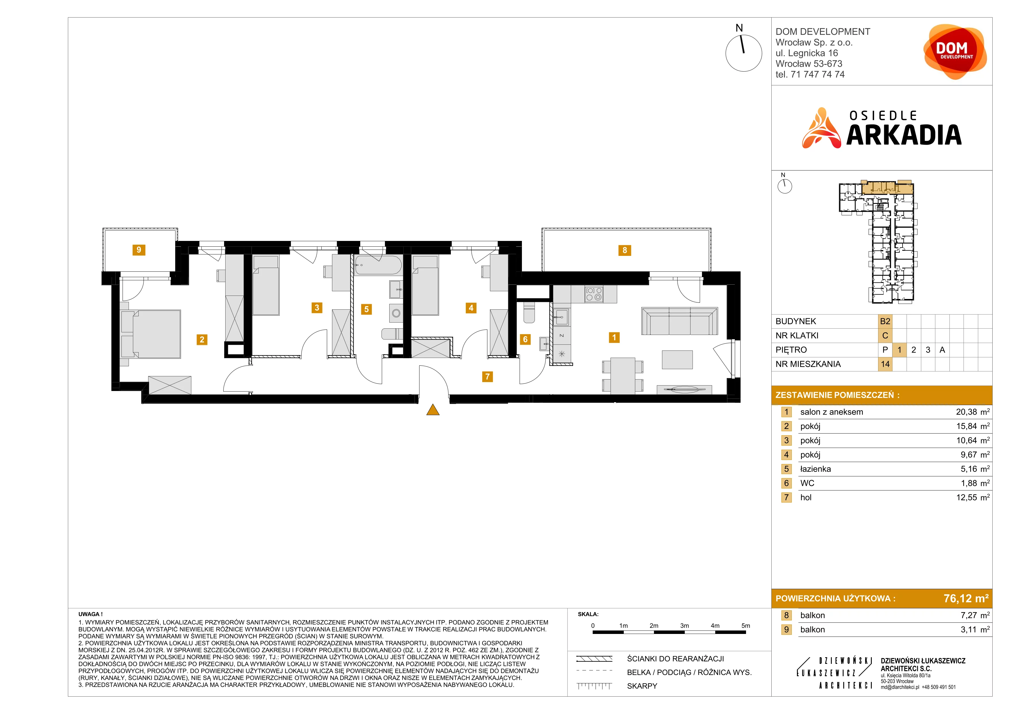 4 pokoje, mieszkanie 76,12 m², piętro 1, oferta nr B2/14, Osiedle Arkadia, Wrocław, Polanowice-Poświętne-Ligota, Poświętne, ul. Ramiszowska 6