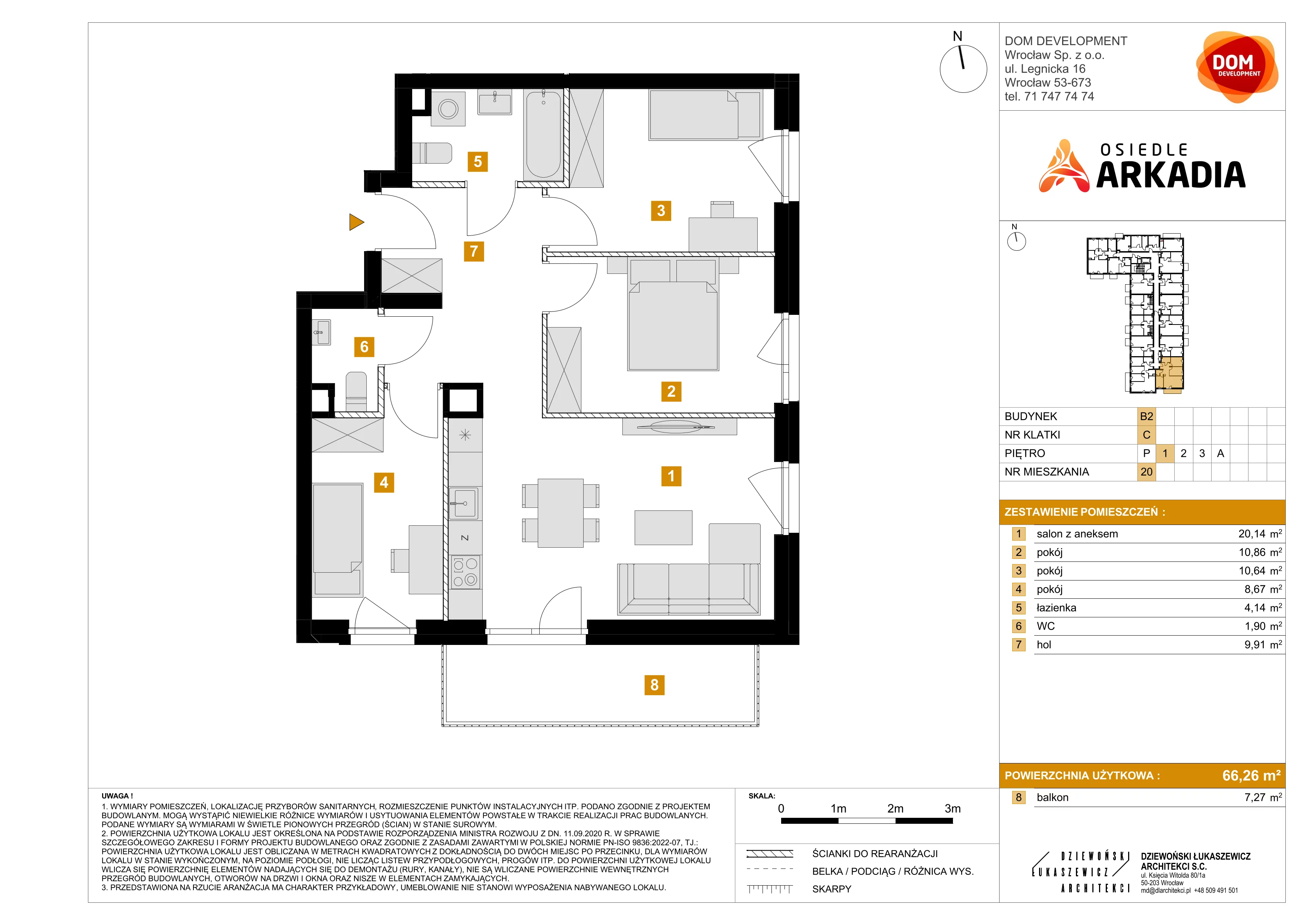 4 pokoje, mieszkanie 66,26 m², piętro 1, oferta nr B2/20, Osiedle Arkadia, Wrocław, Polanowice-Poświętne-Ligota, Poświętne, ul. Ramiszowska 6
