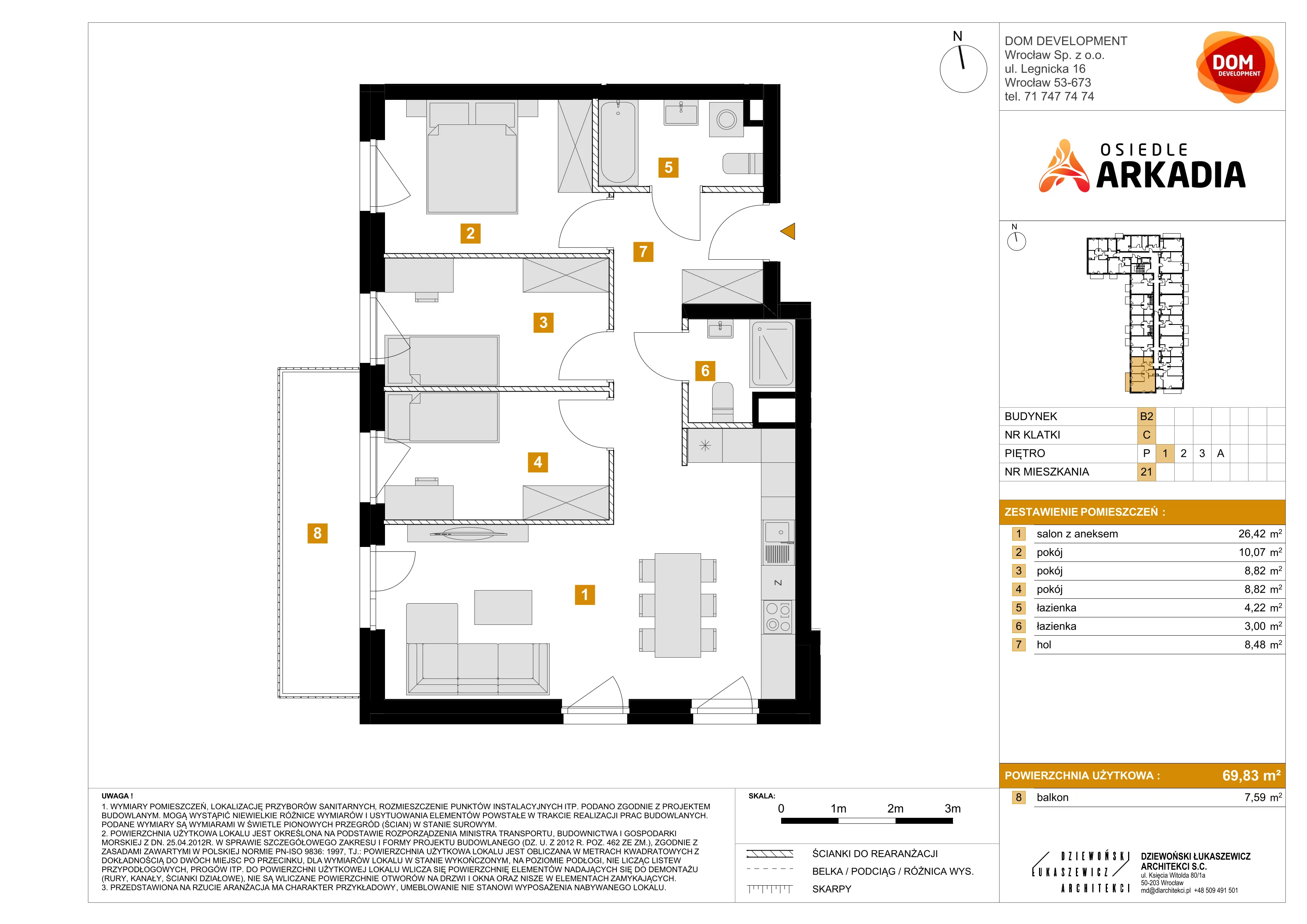 4 pokoje, mieszkanie 69,83 m², piętro 1, oferta nr B2/21, Osiedle Arkadia, Wrocław, Polanowice-Poświętne-Ligota, Poświętne, ul. Ramiszowska 6