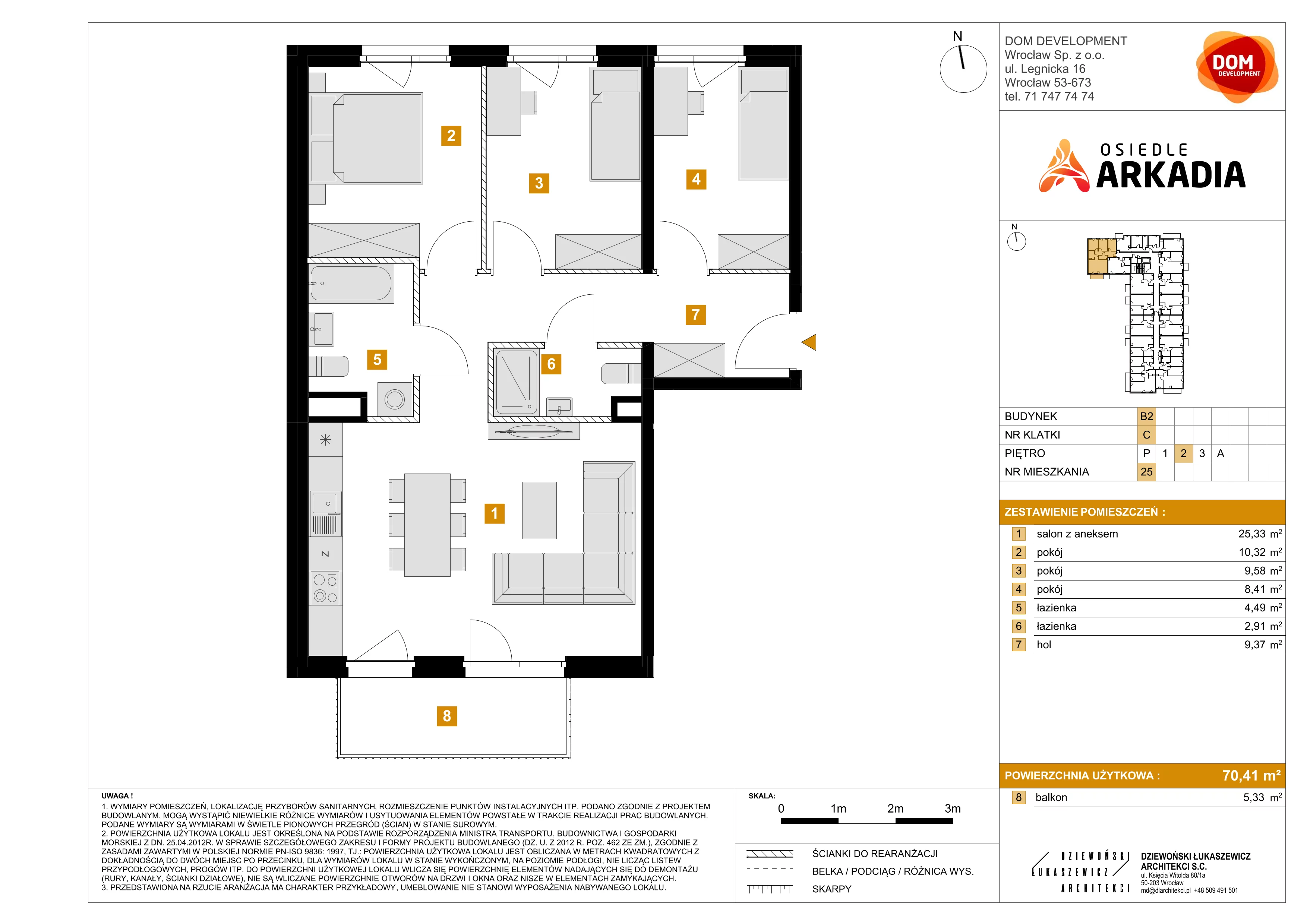 4 pokoje, mieszkanie 70,41 m², piętro 2, oferta nr B2/25, Osiedle Arkadia, Wrocław, Polanowice-Poświętne-Ligota, Poświętne, ul. Ramiszowska 6