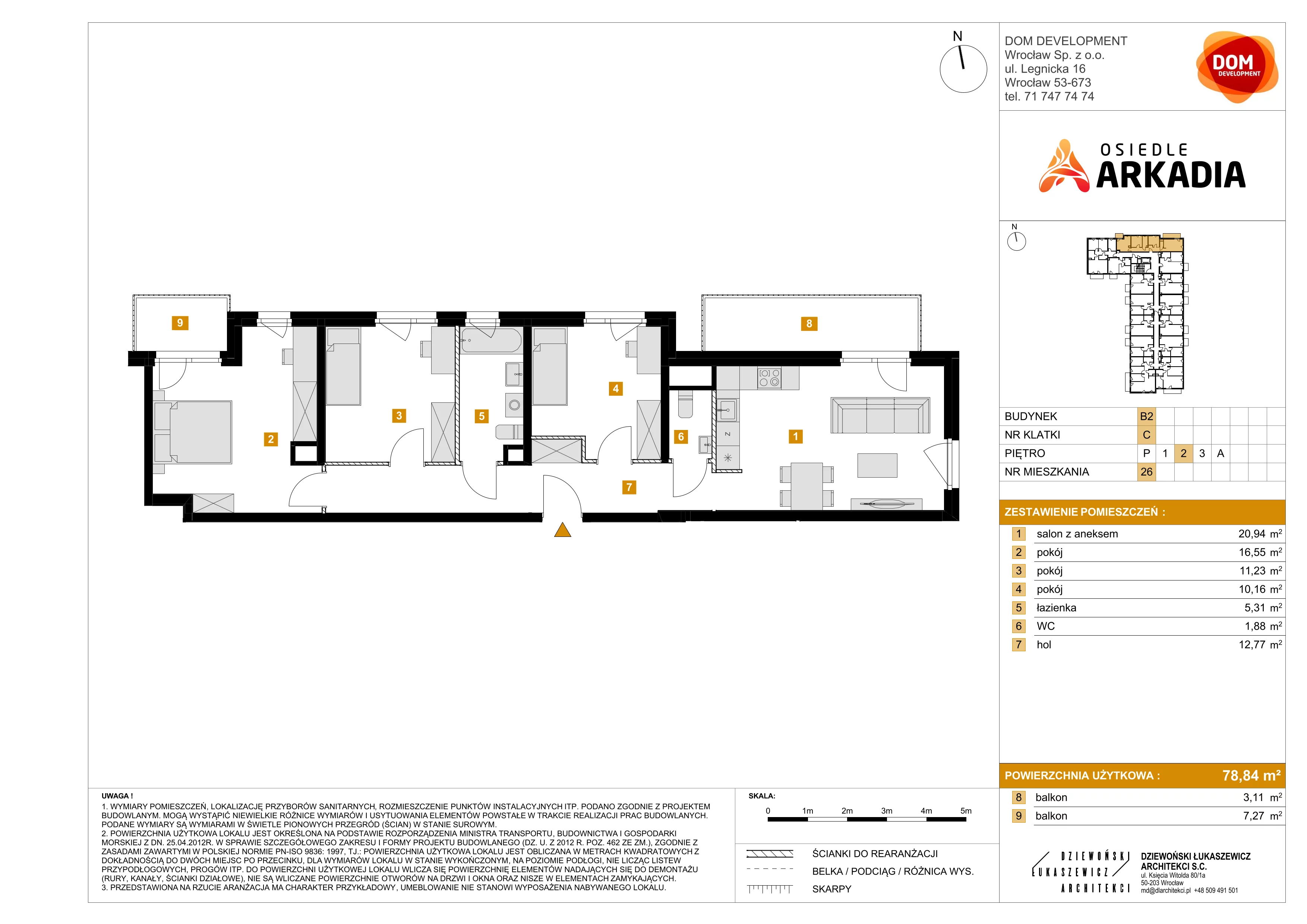 4 pokoje, mieszkanie 78,84 m², piętro 2, oferta nr B2/26, Osiedle Arkadia, Wrocław, Polanowice-Poświętne-Ligota, Poświętne, ul. Ramiszowska 6