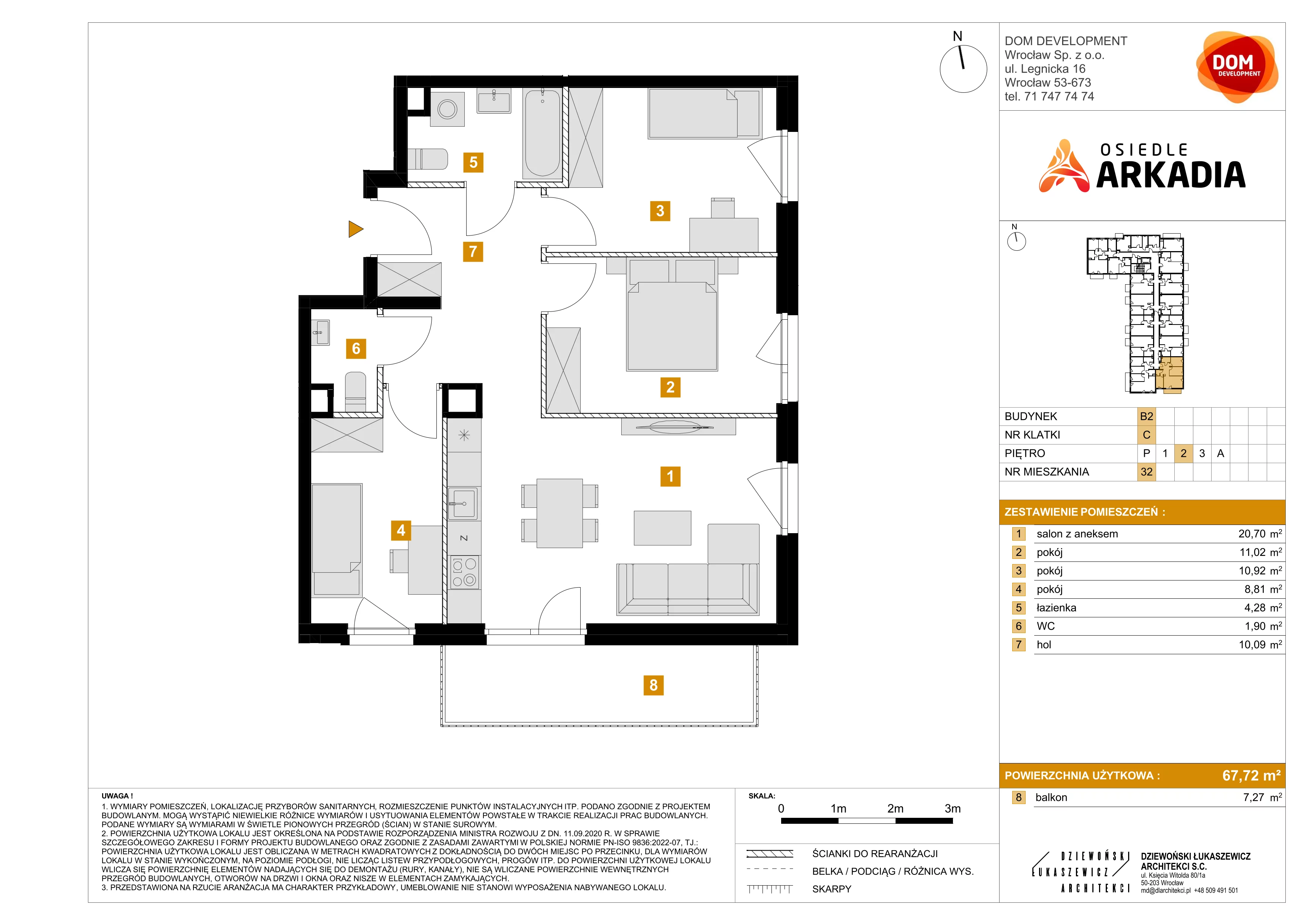 4 pokoje, mieszkanie 67,72 m², piętro 2, oferta nr B2/32, Osiedle Arkadia, Wrocław, Polanowice-Poświętne-Ligota, Poświętne, ul. Ramiszowska 6
