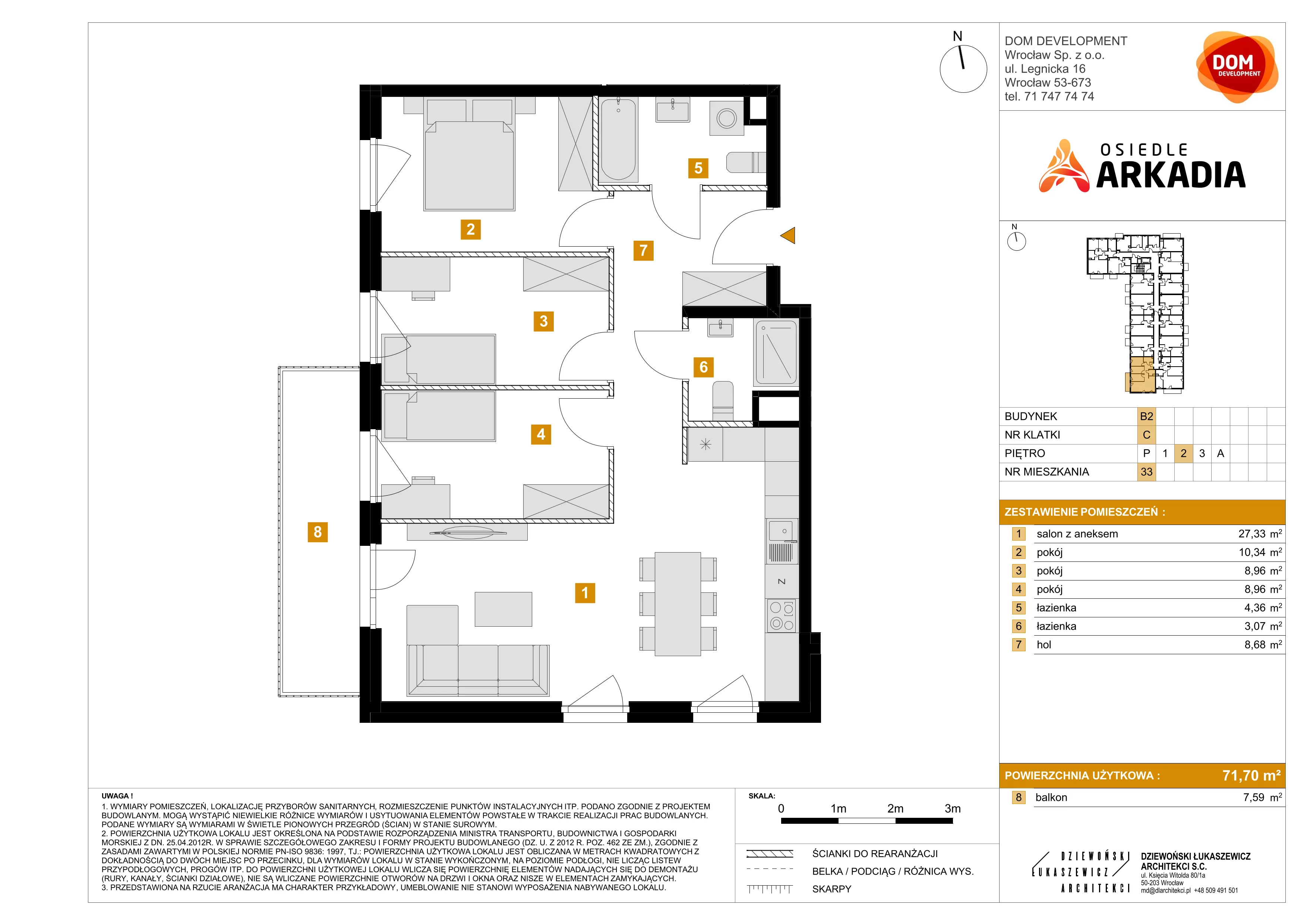 4 pokoje, mieszkanie 71,70 m², piętro 2, oferta nr B2/33, Osiedle Arkadia, Wrocław, Polanowice-Poświętne-Ligota, Poświętne, ul. Ramiszowska 6