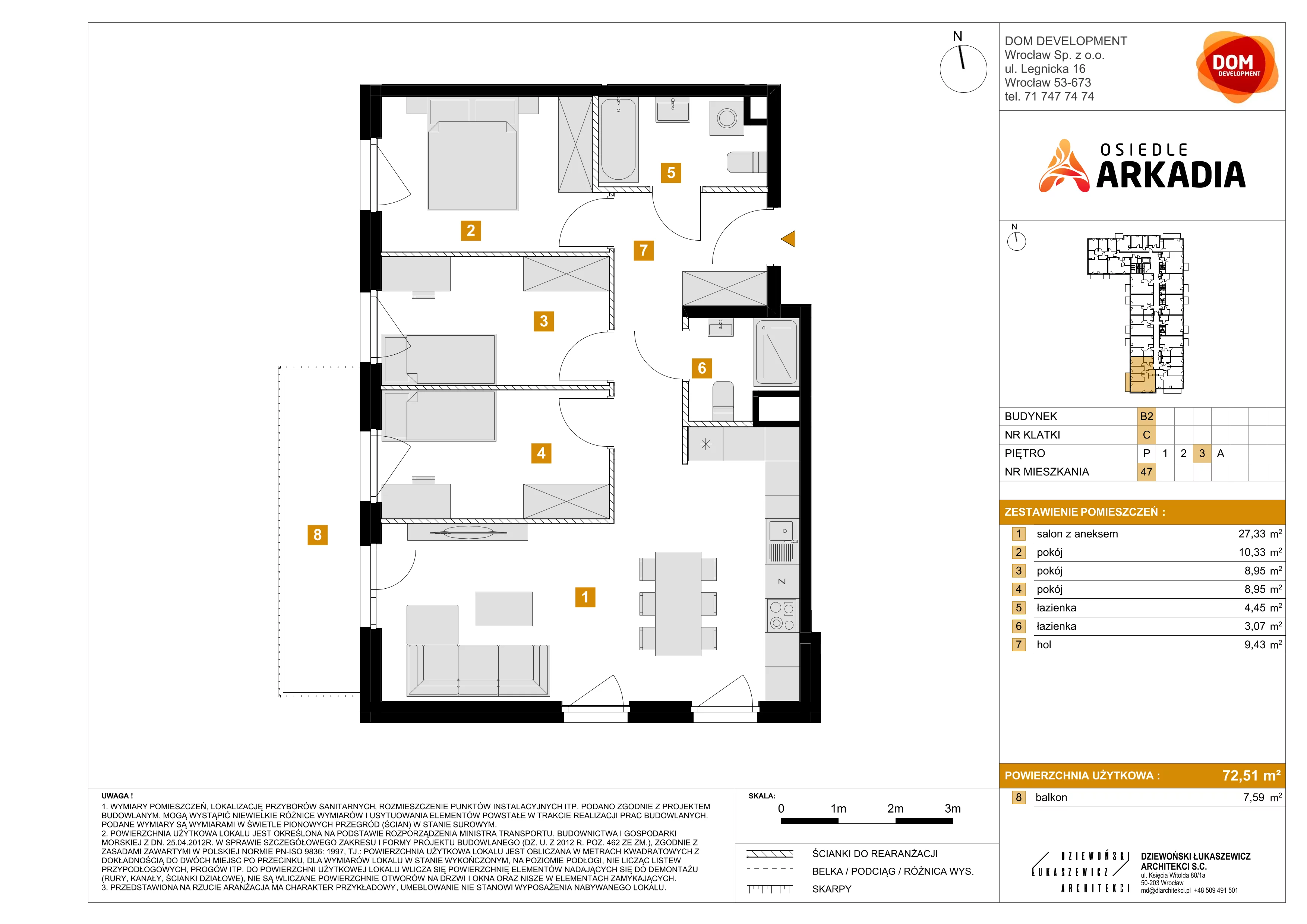4 pokoje, mieszkanie 72,51 m², piętro 3, oferta nr B2/47, Osiedle Arkadia, Wrocław, Polanowice-Poświętne-Ligota, Poświętne, ul. Ramiszowska 6