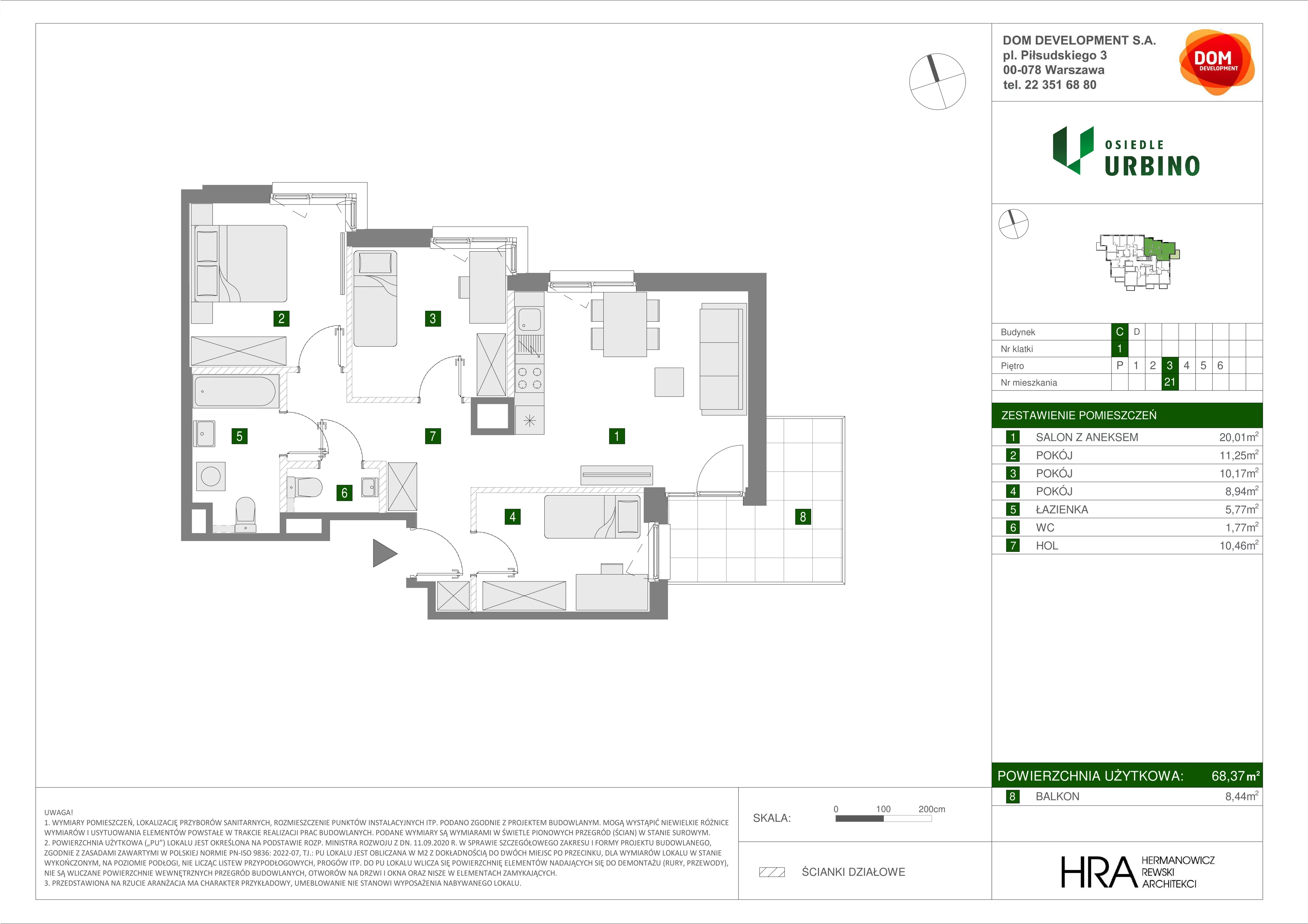 Mieszkanie 68,37 m², piętro 3, oferta nr C/21, Osiedle Urbino, Warszawa, Włochy, Raków, ul. Równoległa