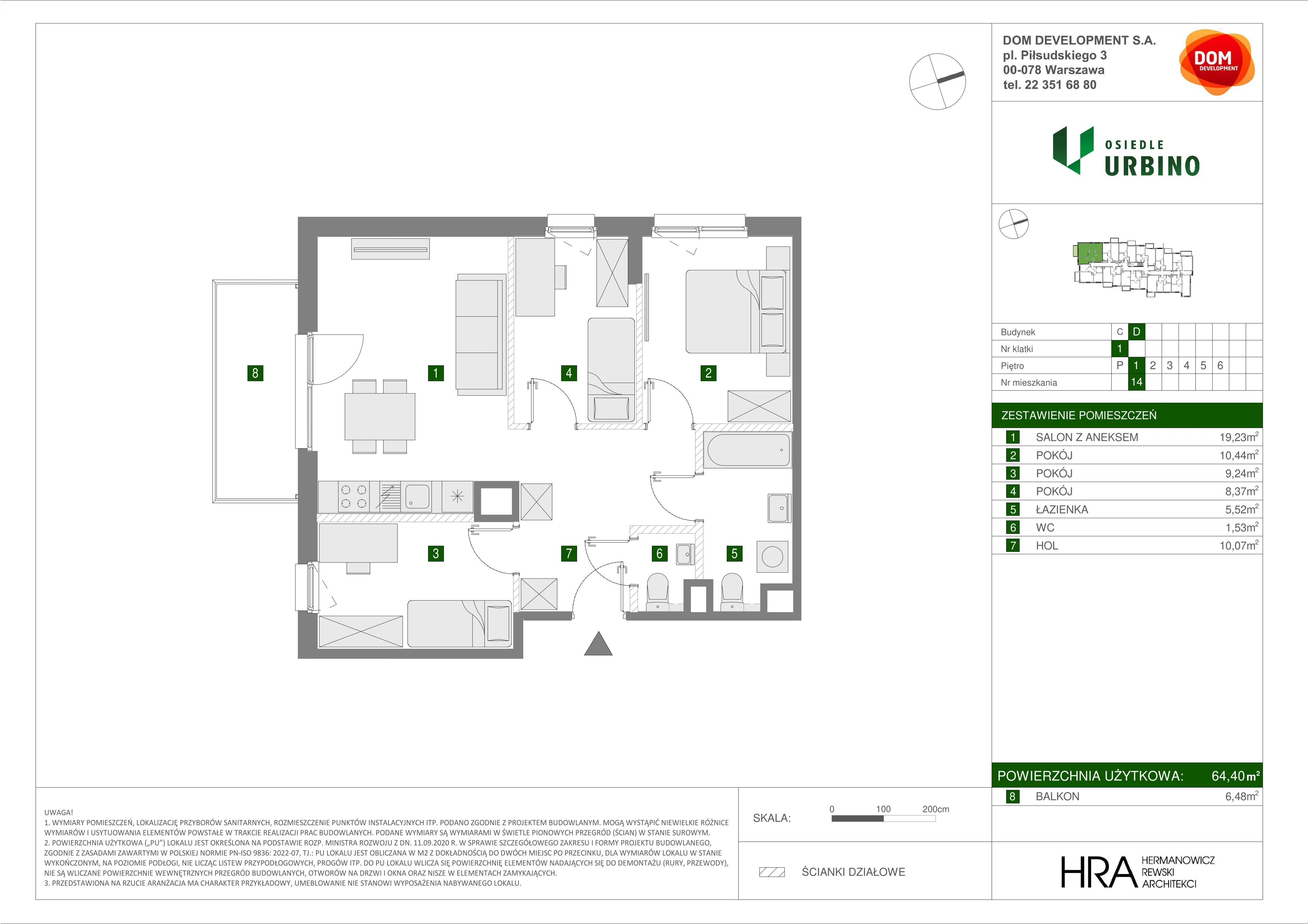 Mieszkanie 64,40 m², piętro 1, oferta nr D/14, Osiedle Urbino, Warszawa, Włochy, Raków, ul. Równoległa