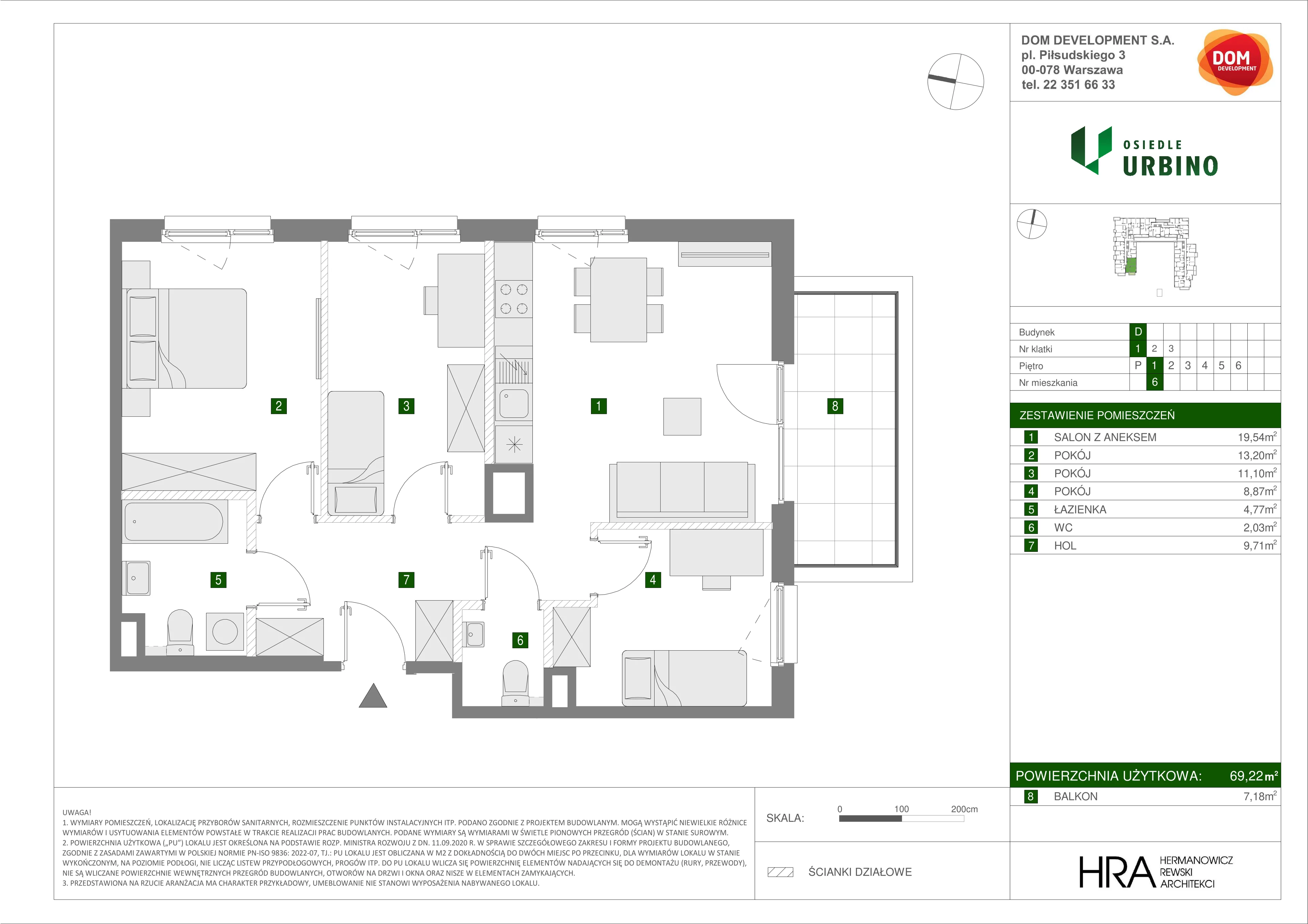 4 pokoje, mieszkanie 69,22 m², piętro 1, oferta nr D/6, Osiedle Urbino 1.4, Warszawa, Włochy, Raków, ul. Równoległa