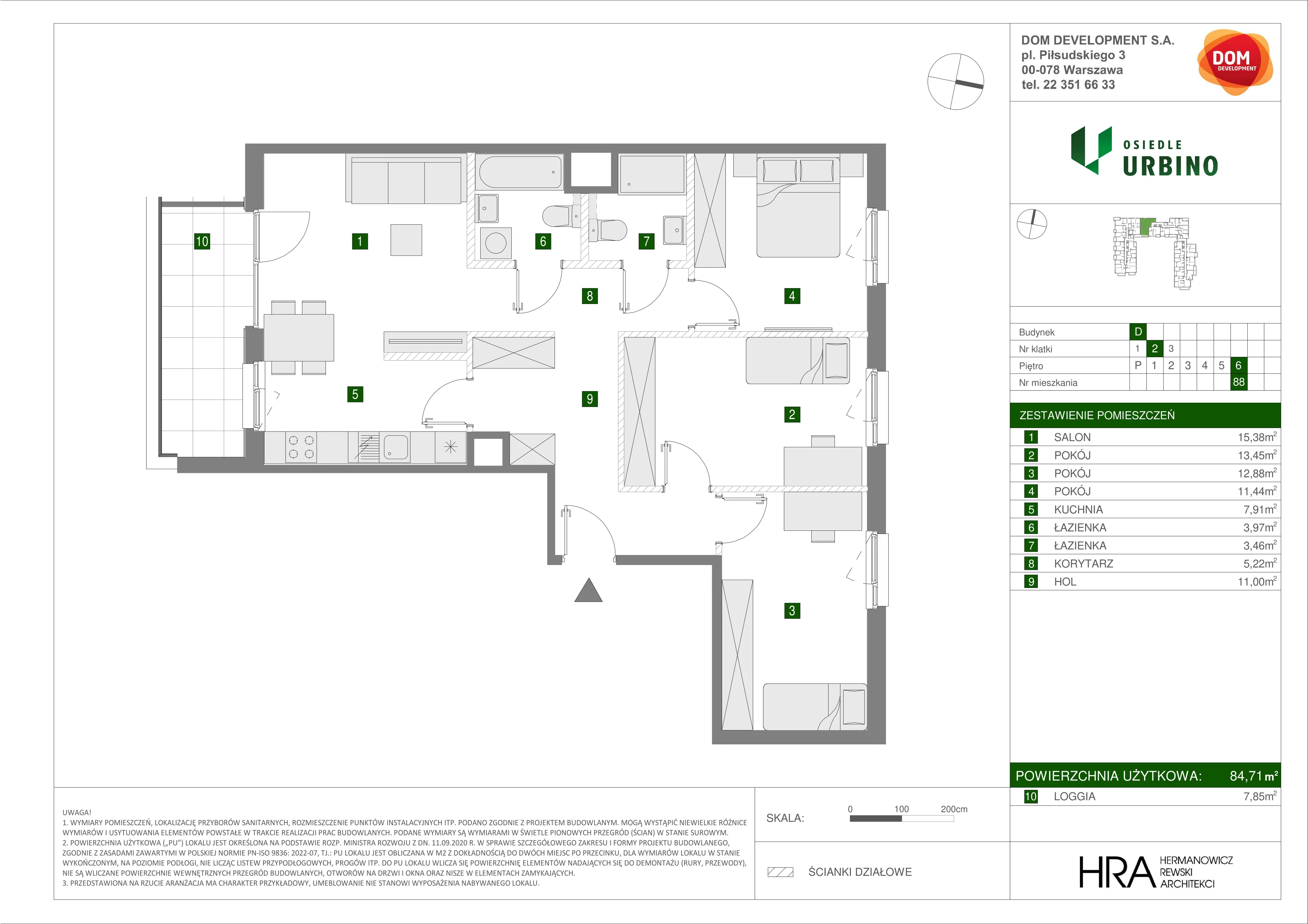 4 pokoje, mieszkanie 84,71 m², piętro 6, oferta nr D/88, Osiedle Urbino 1.4, Warszawa, Włochy, Raków, ul. Równoległa