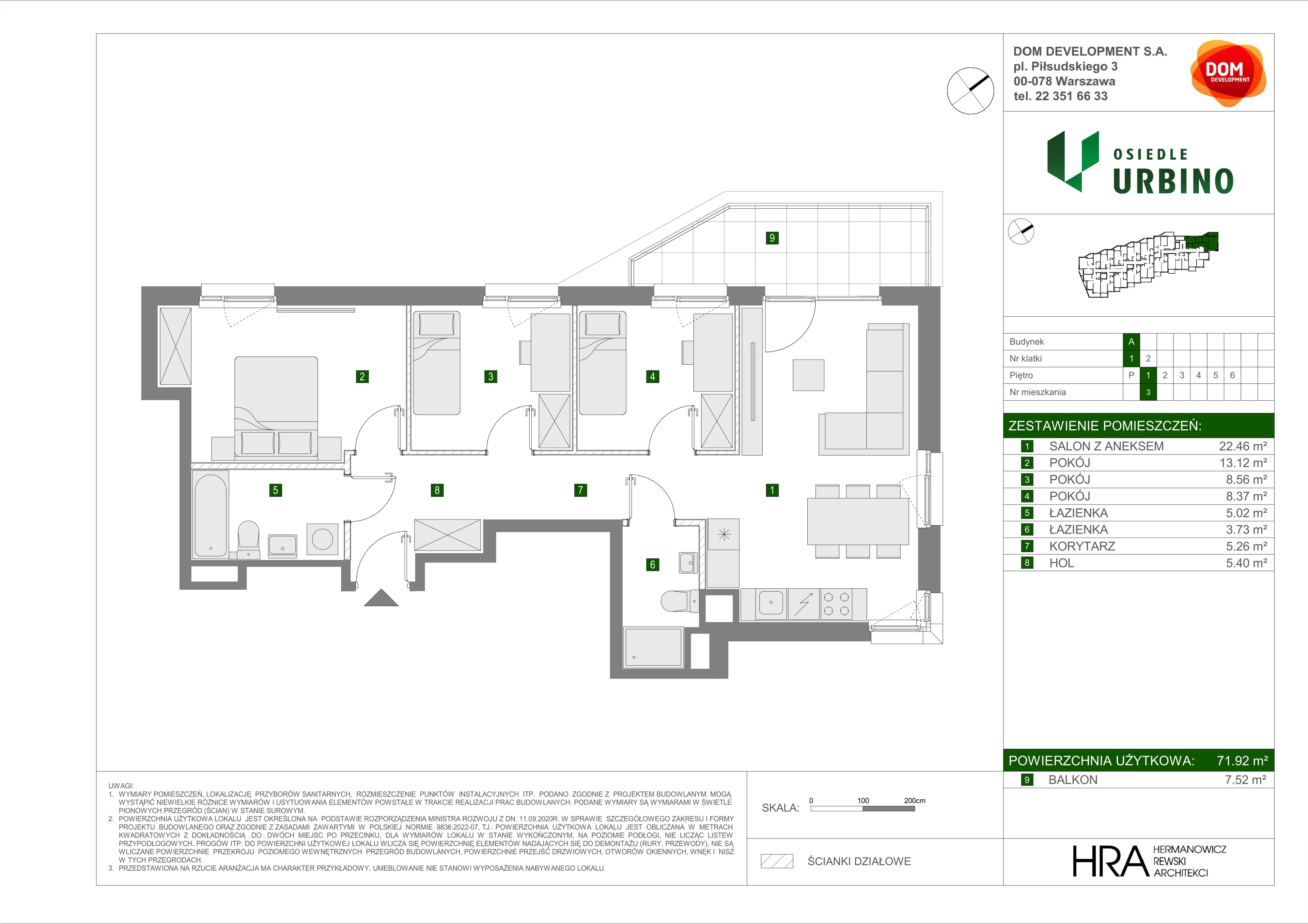 4 pokoje, mieszkanie 71,92 m², piętro 1, oferta nr A/3, Osiedle Urbino 5, Warszawa, Włochy, Raków, ul. Równoległa
