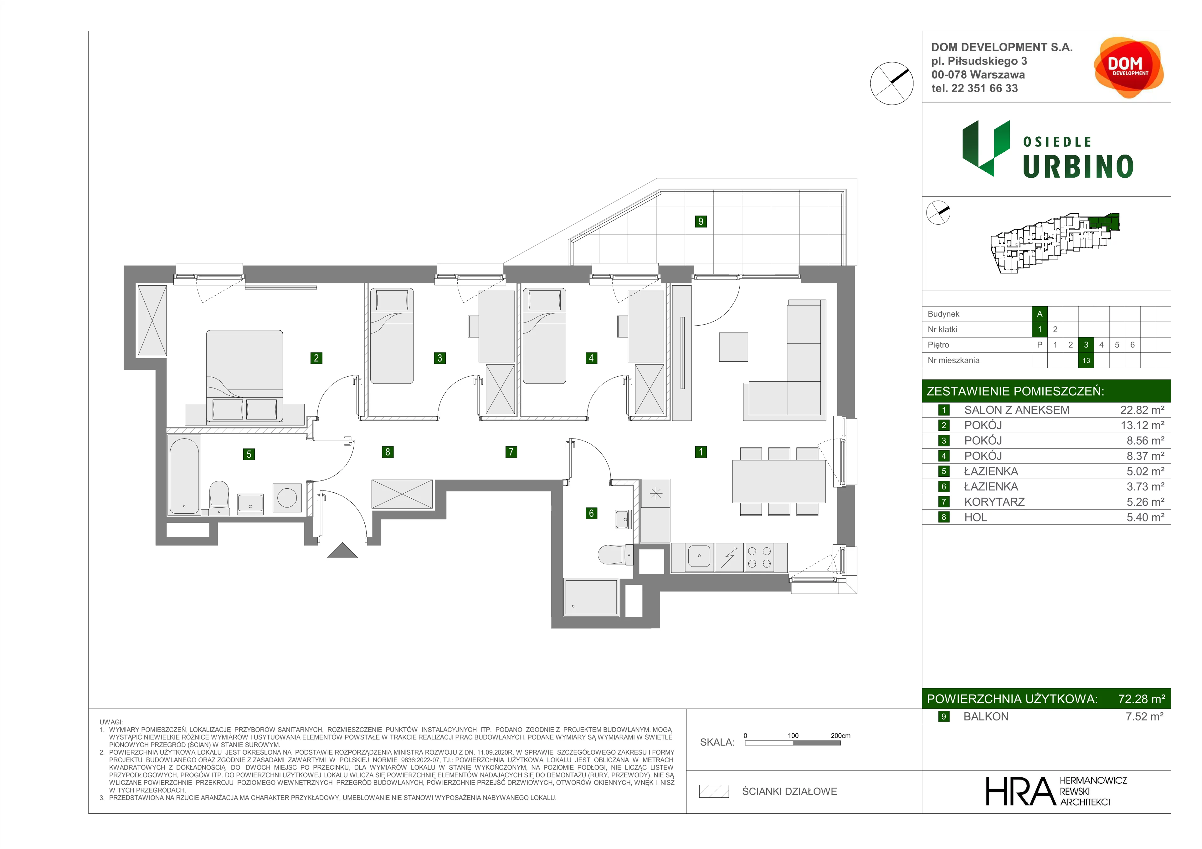4 pokoje, mieszkanie 72,28 m², piętro 3, oferta nr A/13, Osiedle Urbino 5, Warszawa, Włochy, Raków, ul. Równoległa