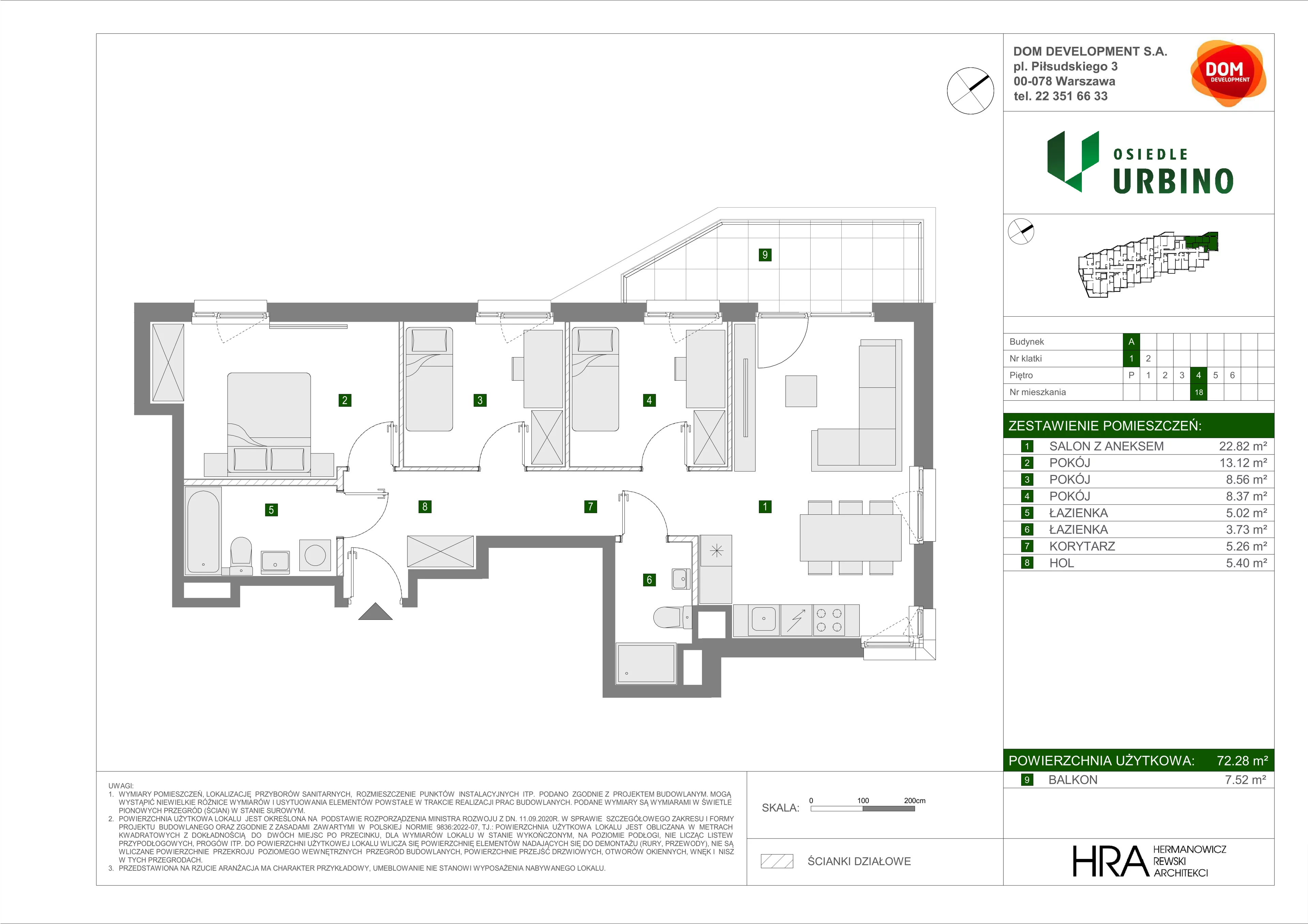 4 pokoje, mieszkanie 72,28 m², piętro 4, oferta nr A/18, Osiedle Urbino 5, Warszawa, Włochy, Raków, ul. Równoległa