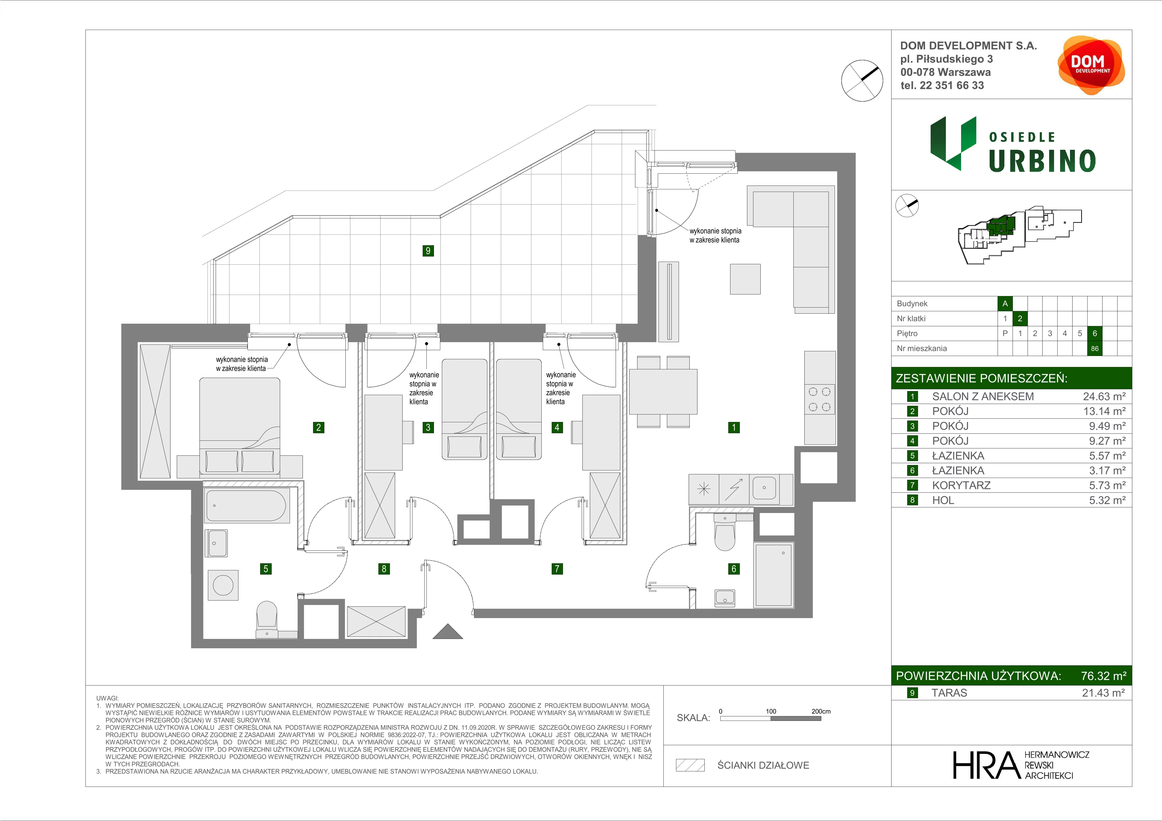 4 pokoje, mieszkanie 76,32 m², piętro 6, oferta nr A/86, Osiedle Urbino 5, Warszawa, Włochy, Raków, ul. Równoległa