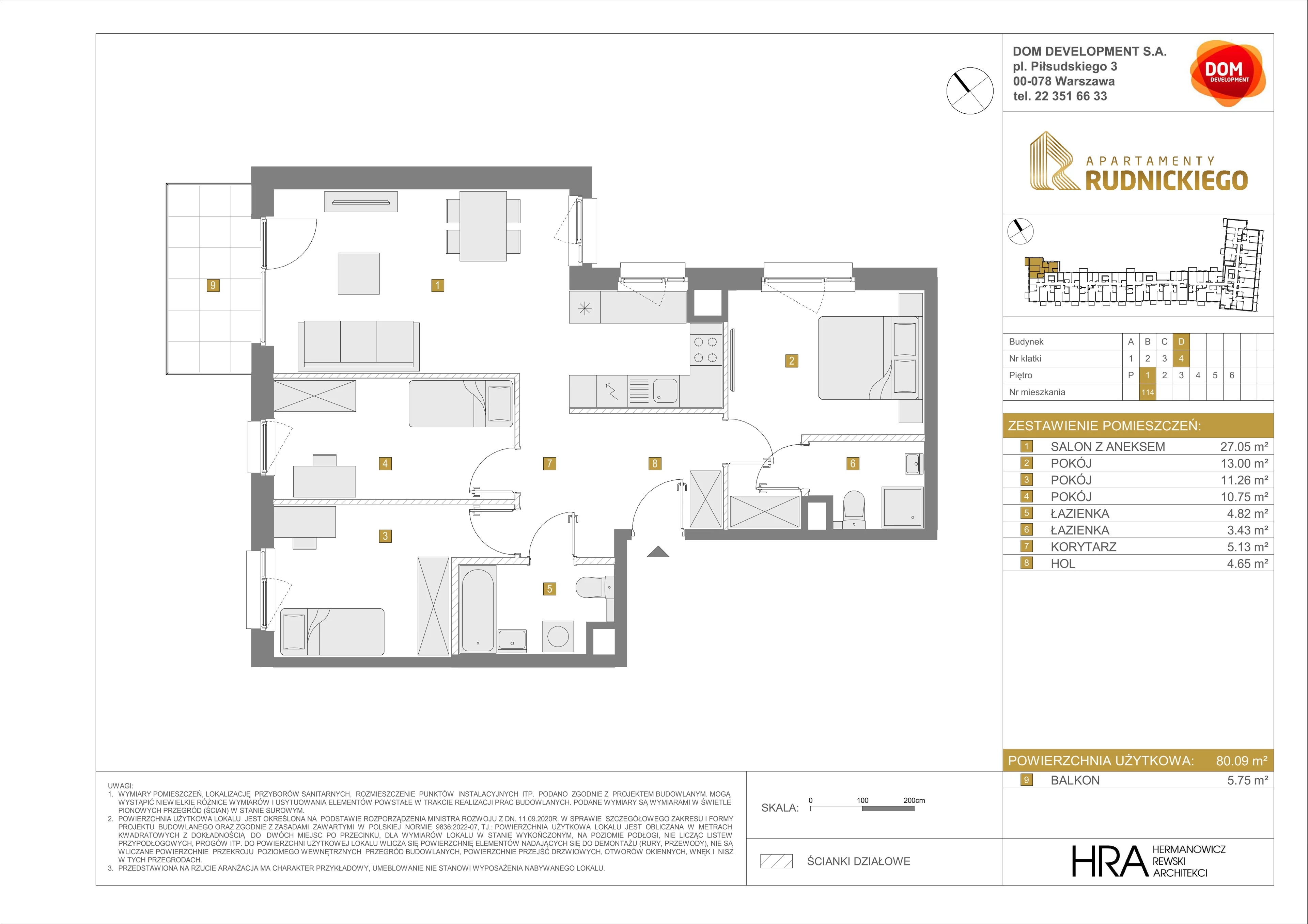 Mieszkanie 80,09 m², piętro 1, oferta nr D/114, Apartamenty Rudnickiego, Warszawa, Bielany, Piaski, ul. Rudnickiego 7