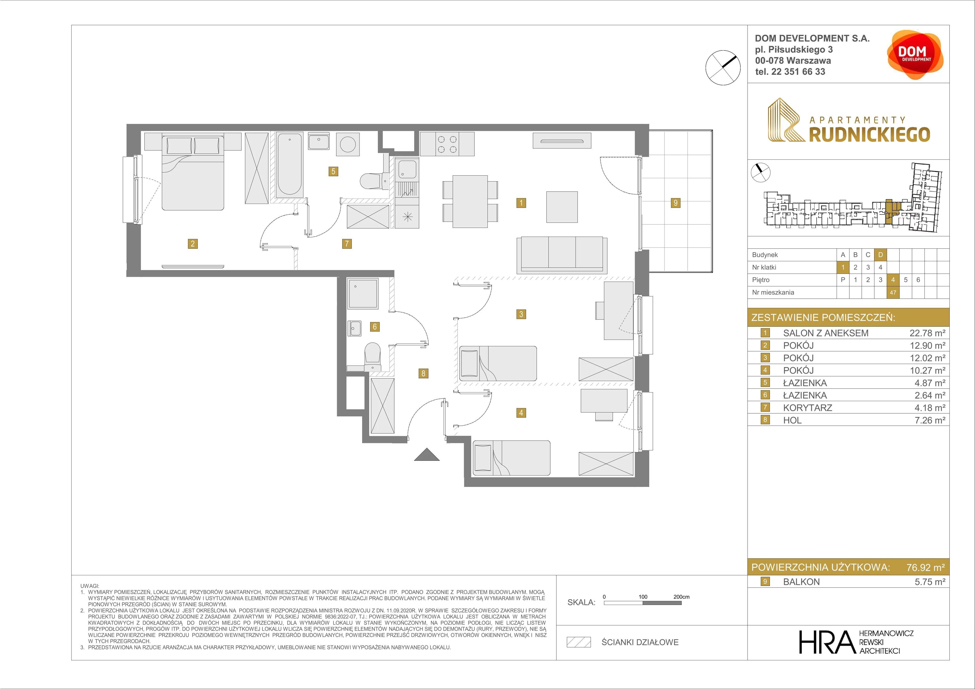 Mieszkanie 76,92 m², piętro 4, oferta nr D/47, Apartamenty Rudnickiego, Warszawa, Bielany, Piaski, ul. Rudnickiego 7