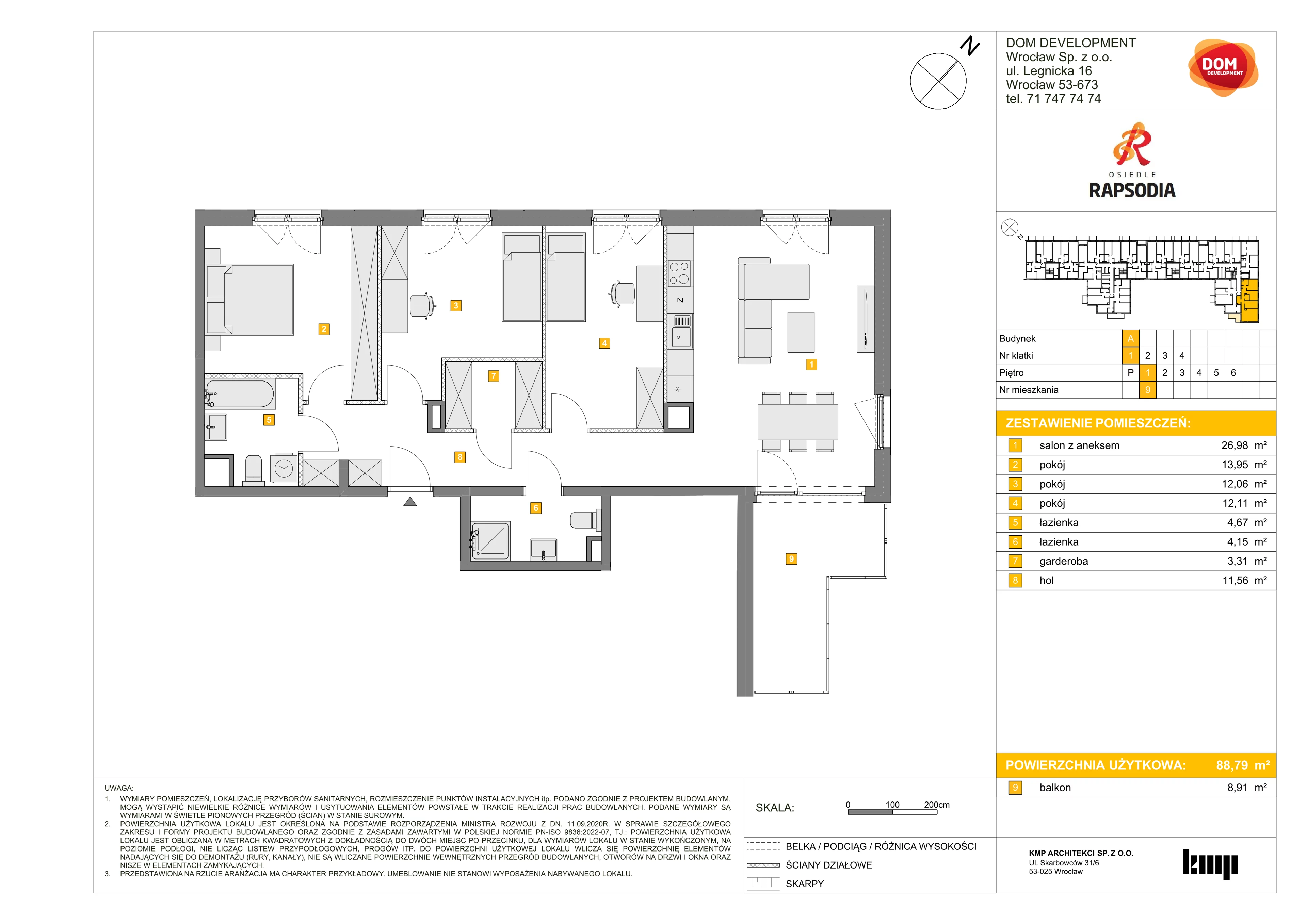 4 pokoje, mieszkanie 88,79 m², piętro 1, oferta nr A/9, Osiedle Rapsodia, Wrocław, Karłowice-Różanka, Różanka, ul. Wołowska 5