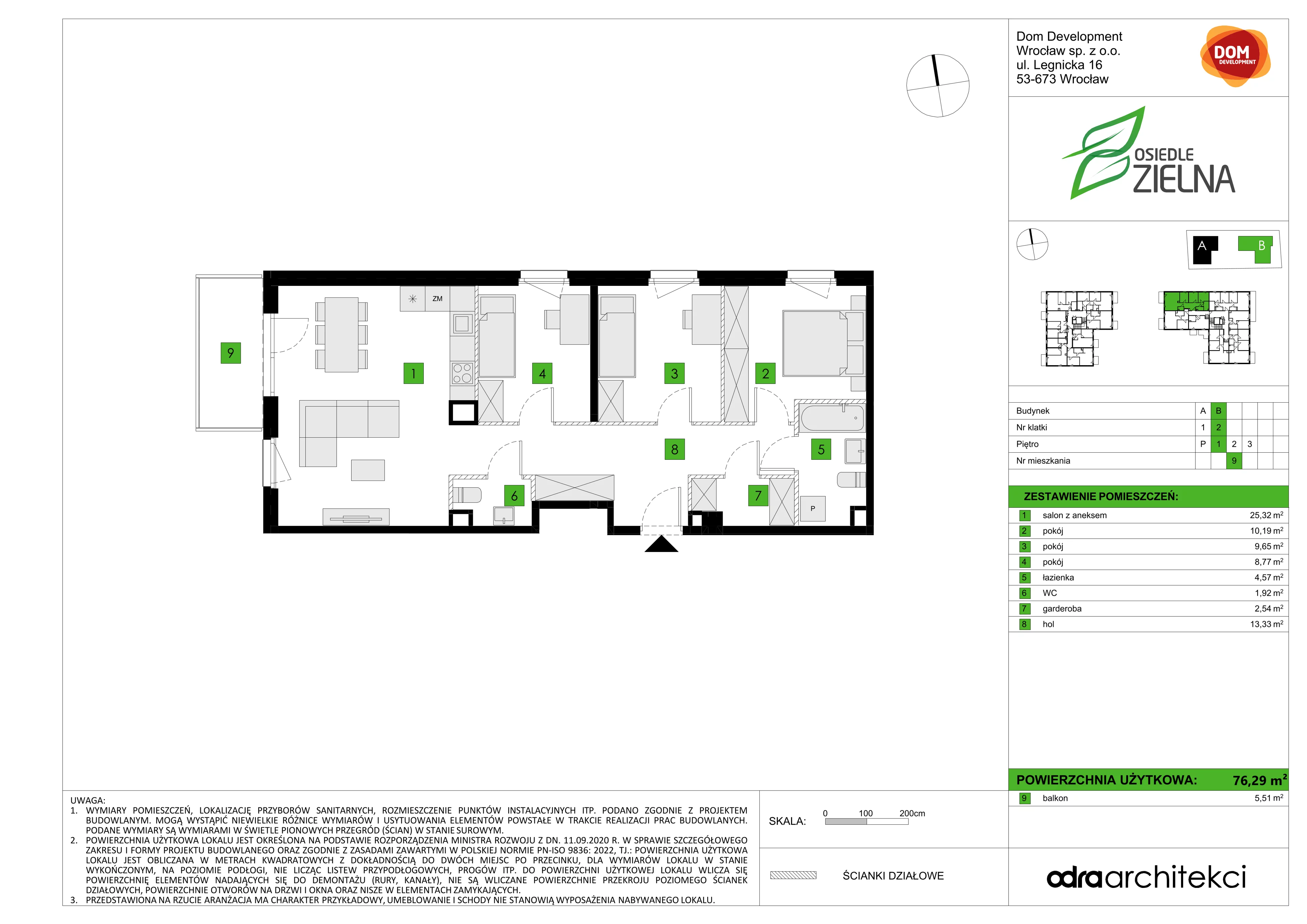 4 pokoje, mieszkanie 76,29 m², piętro 1, oferta nr B/9, Osiedle Zielna 4.2, Wrocław, Psie Pole-Zawidawie, Psie Pole, ul. Zielna