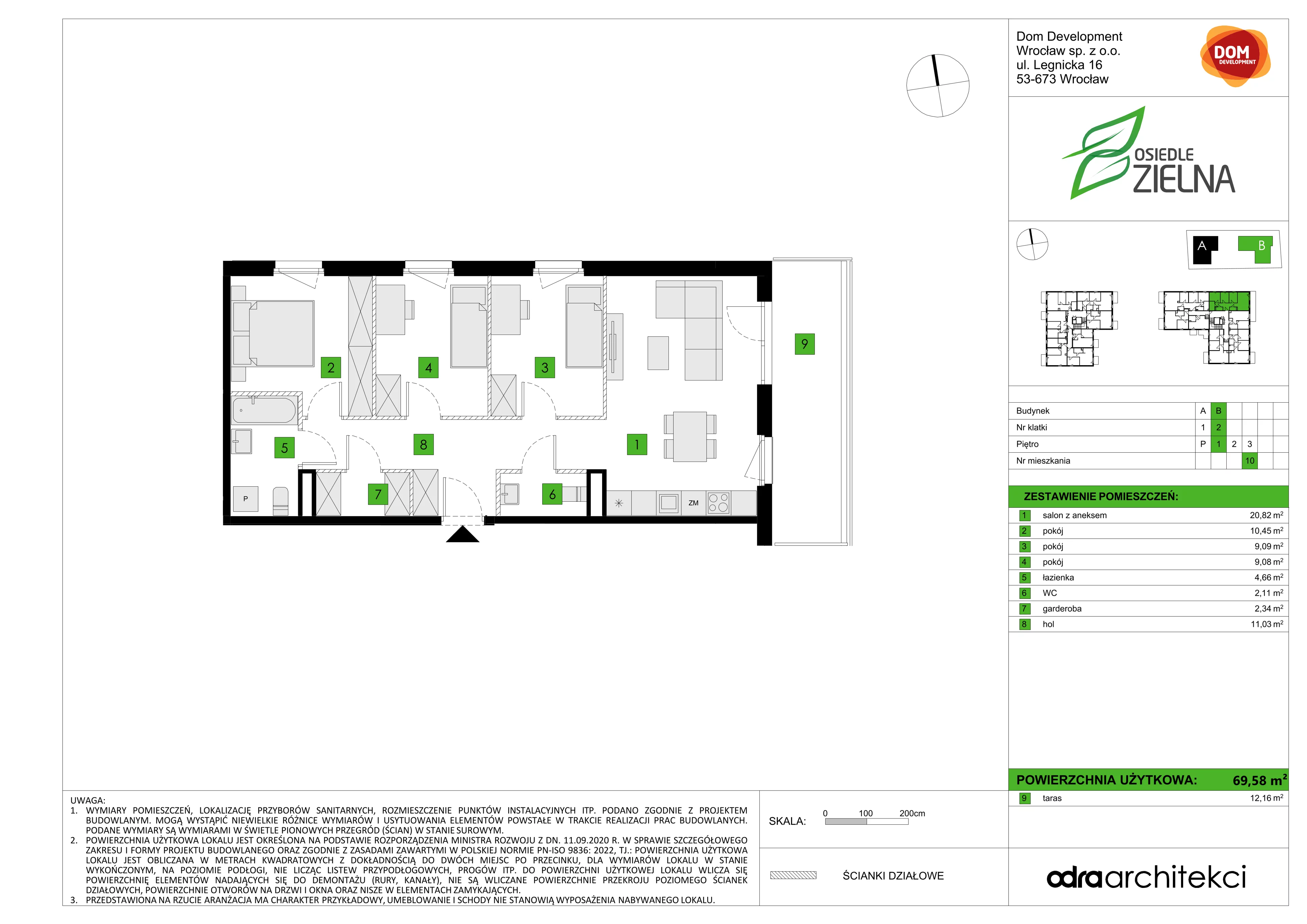 4 pokoje, mieszkanie 69,58 m², piętro 1, oferta nr B/10, Osiedle Zielna 4.2, Wrocław, Psie Pole-Zawidawie, Psie Pole, ul. Zielna