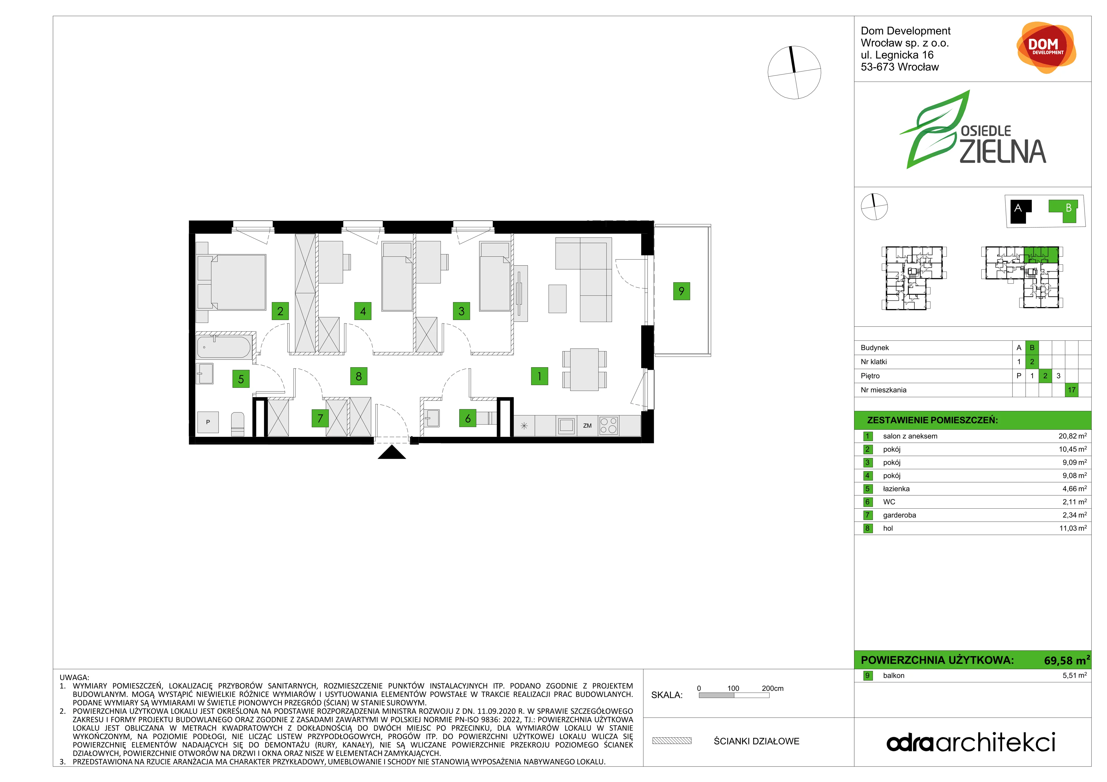 4 pokoje, mieszkanie 69,58 m², piętro 2, oferta nr B/17, Osiedle Zielna 4.2, Wrocław, Psie Pole-Zawidawie, Psie Pole, ul. Zielna