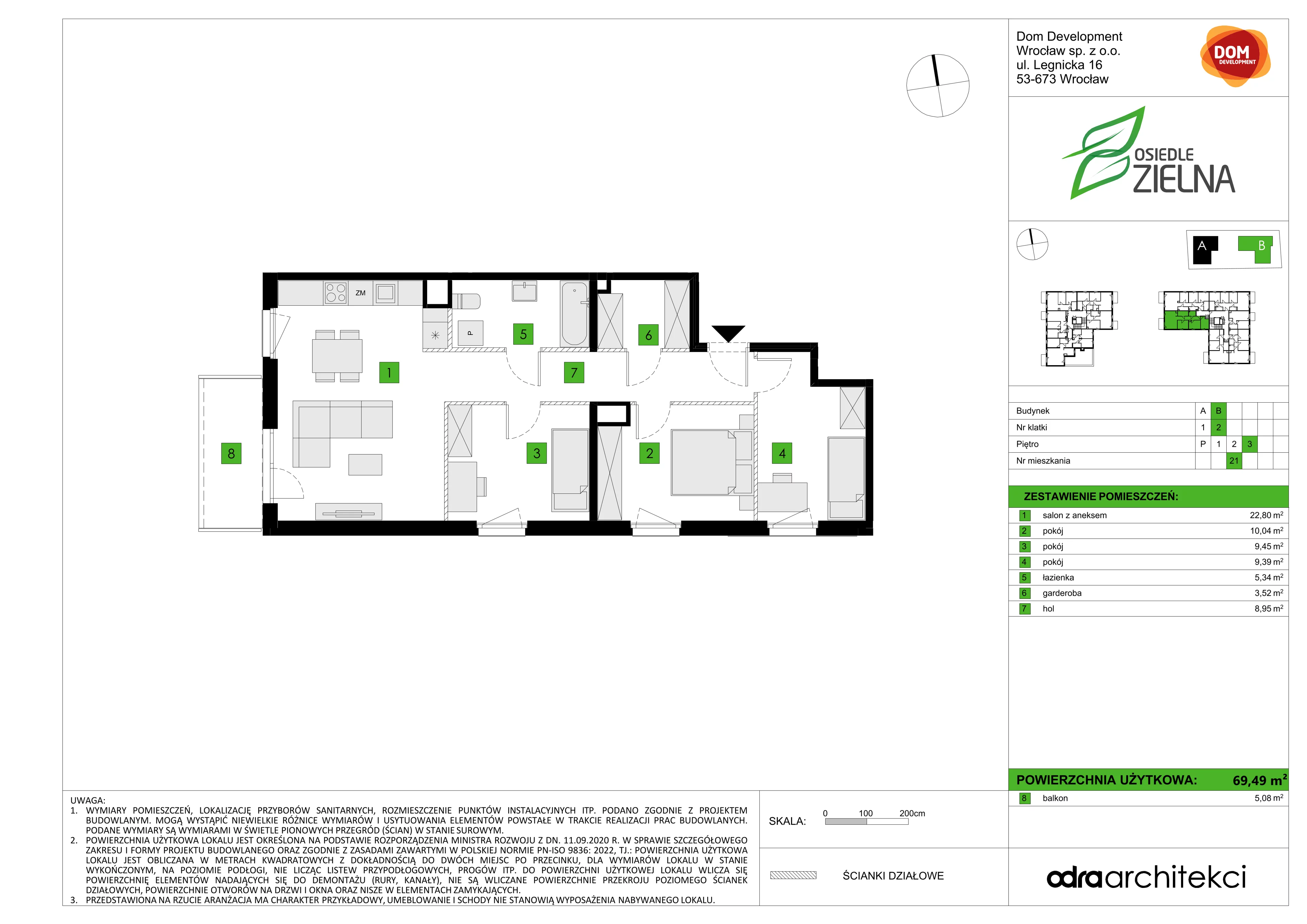 4 pokoje, mieszkanie 69,49 m², piętro 3, oferta nr B/21, Osiedle Zielna 4.2, Wrocław, Psie Pole-Zawidawie, Psie Pole, ul. Zielna