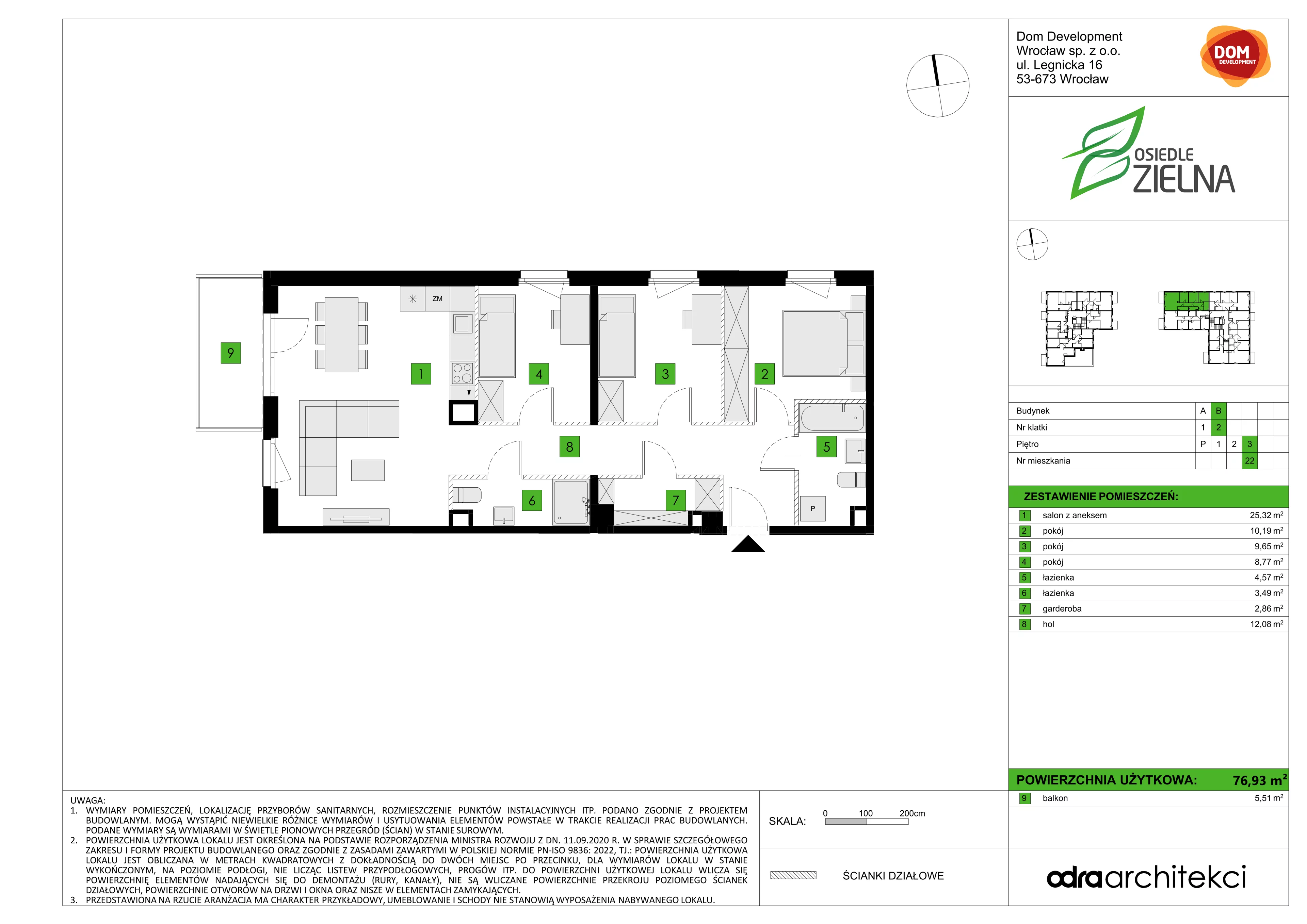 4 pokoje, mieszkanie 76,93 m², piętro 3, oferta nr B/22, Osiedle Zielna 4.2, Wrocław, Psie Pole-Zawidawie, Psie Pole, ul. Zielna