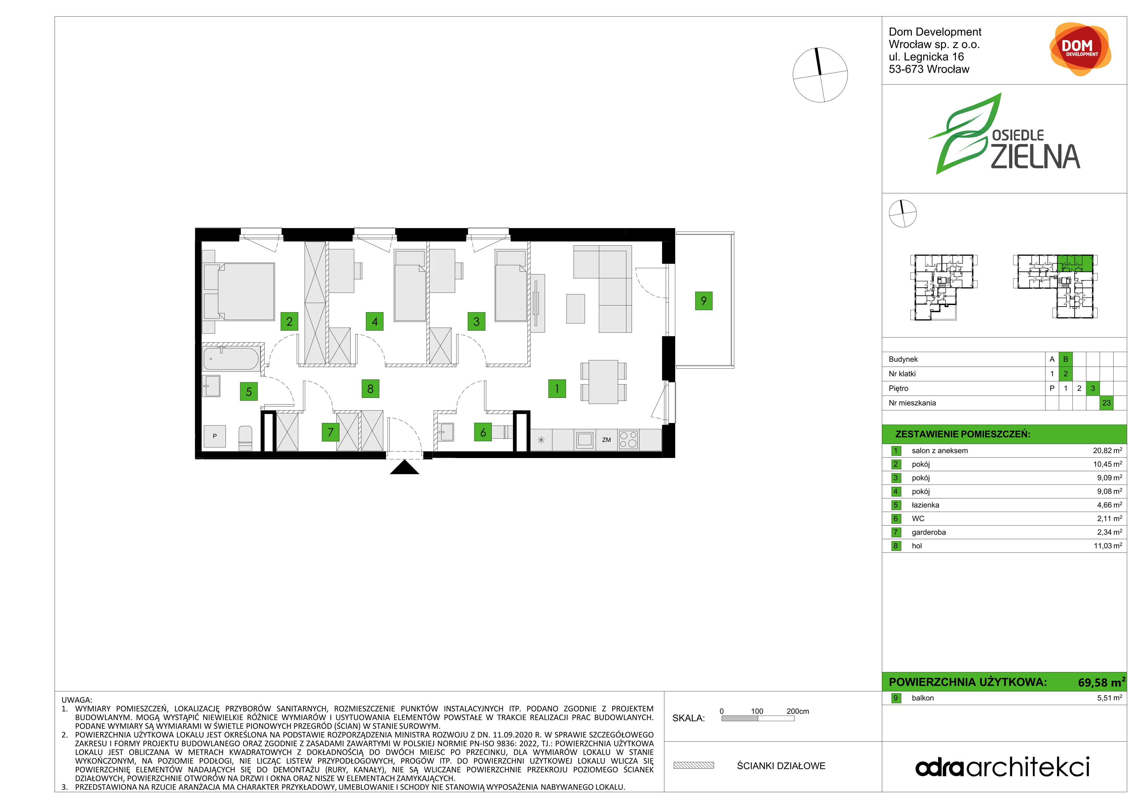 4 pokoje, mieszkanie 69,58 m², piętro 3, oferta nr B/23, Osiedle Zielna 4.2, Wrocław, Psie Pole-Zawidawie, Psie Pole, ul. Zielna