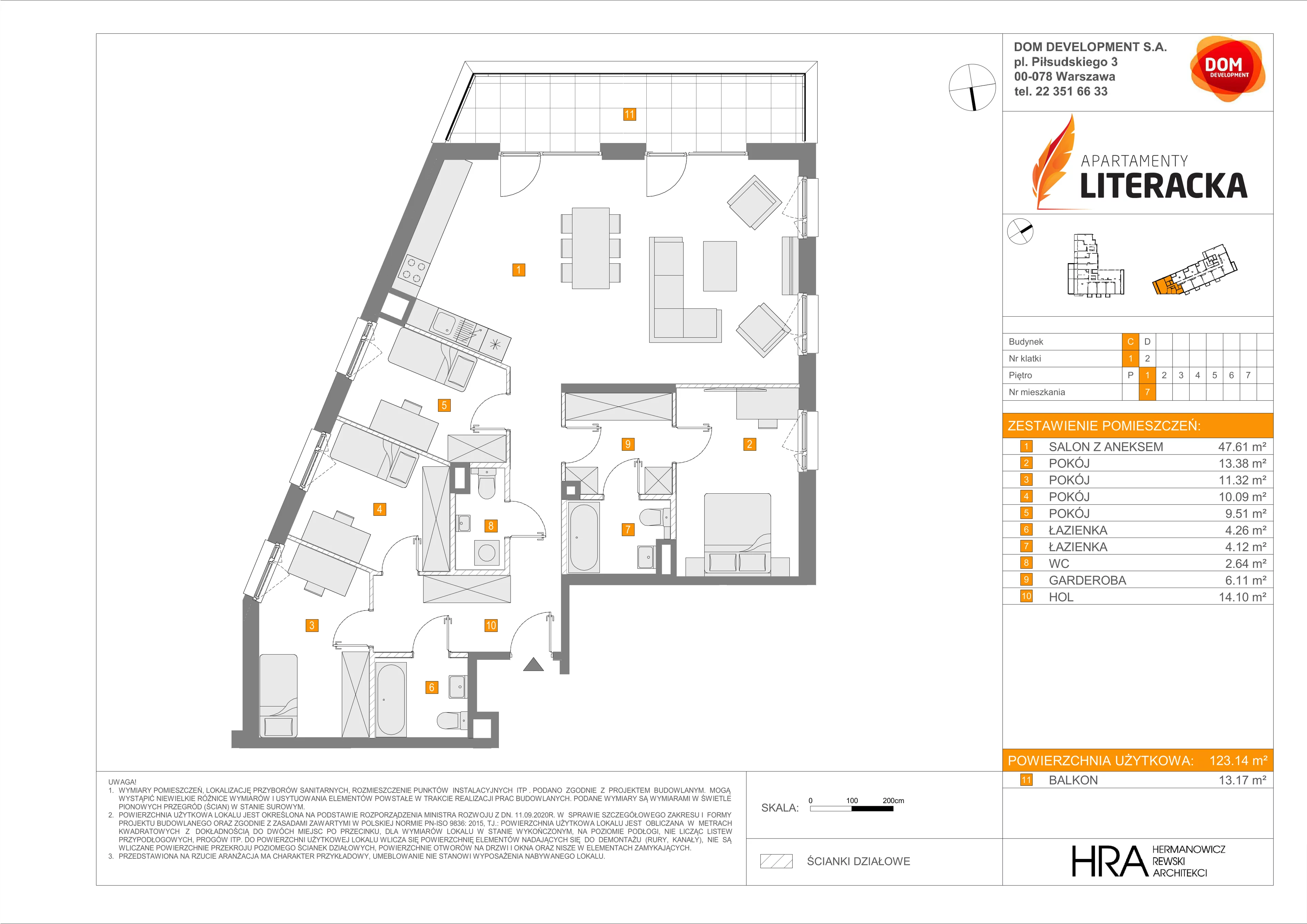 5 pokoi, mieszkanie 123,14 m², piętro 1, oferta nr C/7, Apartamenty Literacka 2, Warszawa, Bielany, Piaski, ul. Literacka