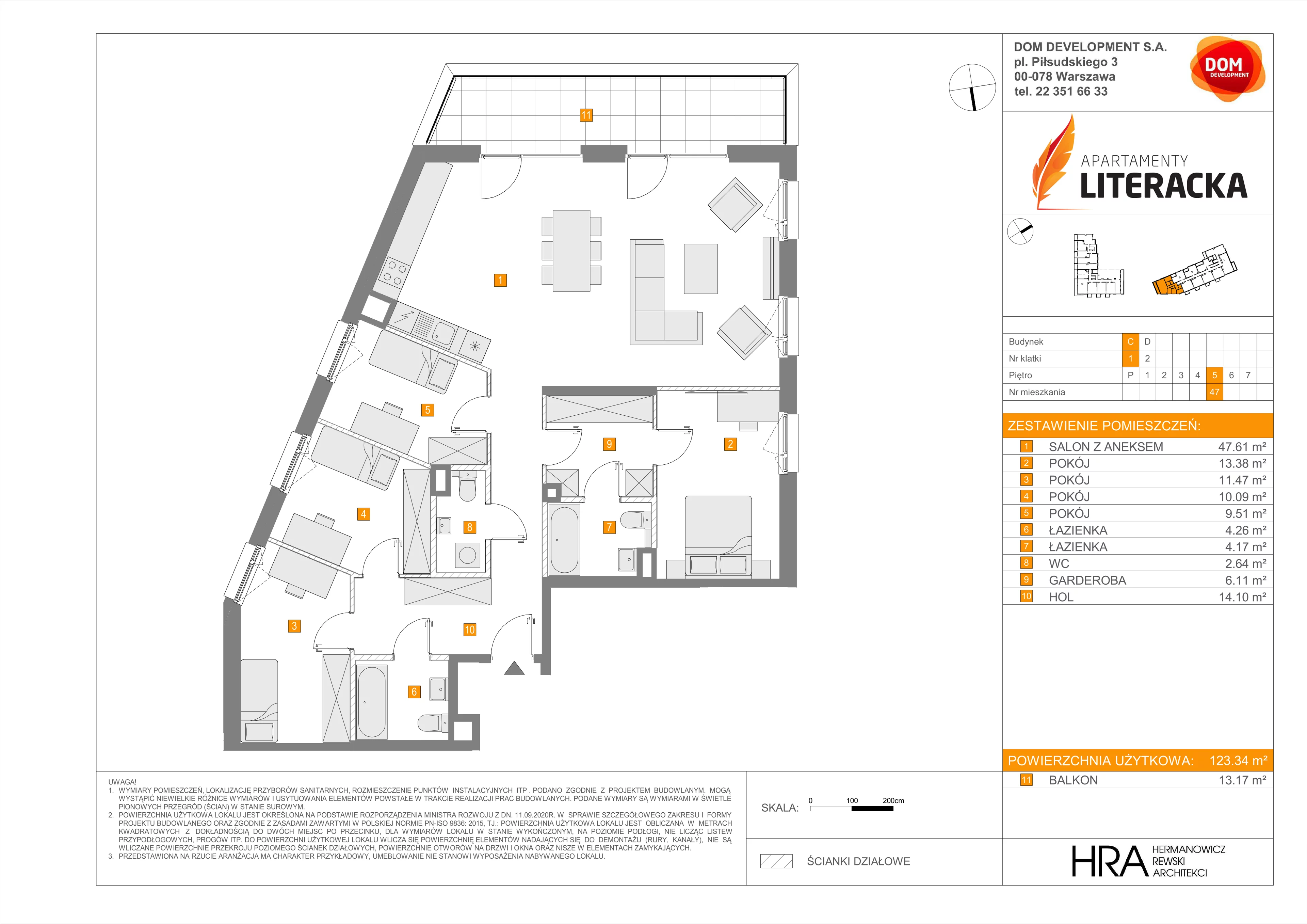 5 pokoi, mieszkanie 123,31 m², piętro 5, oferta nr C/47, Apartamenty Literacka 2, Warszawa, Bielany, Piaski, ul. Literacka