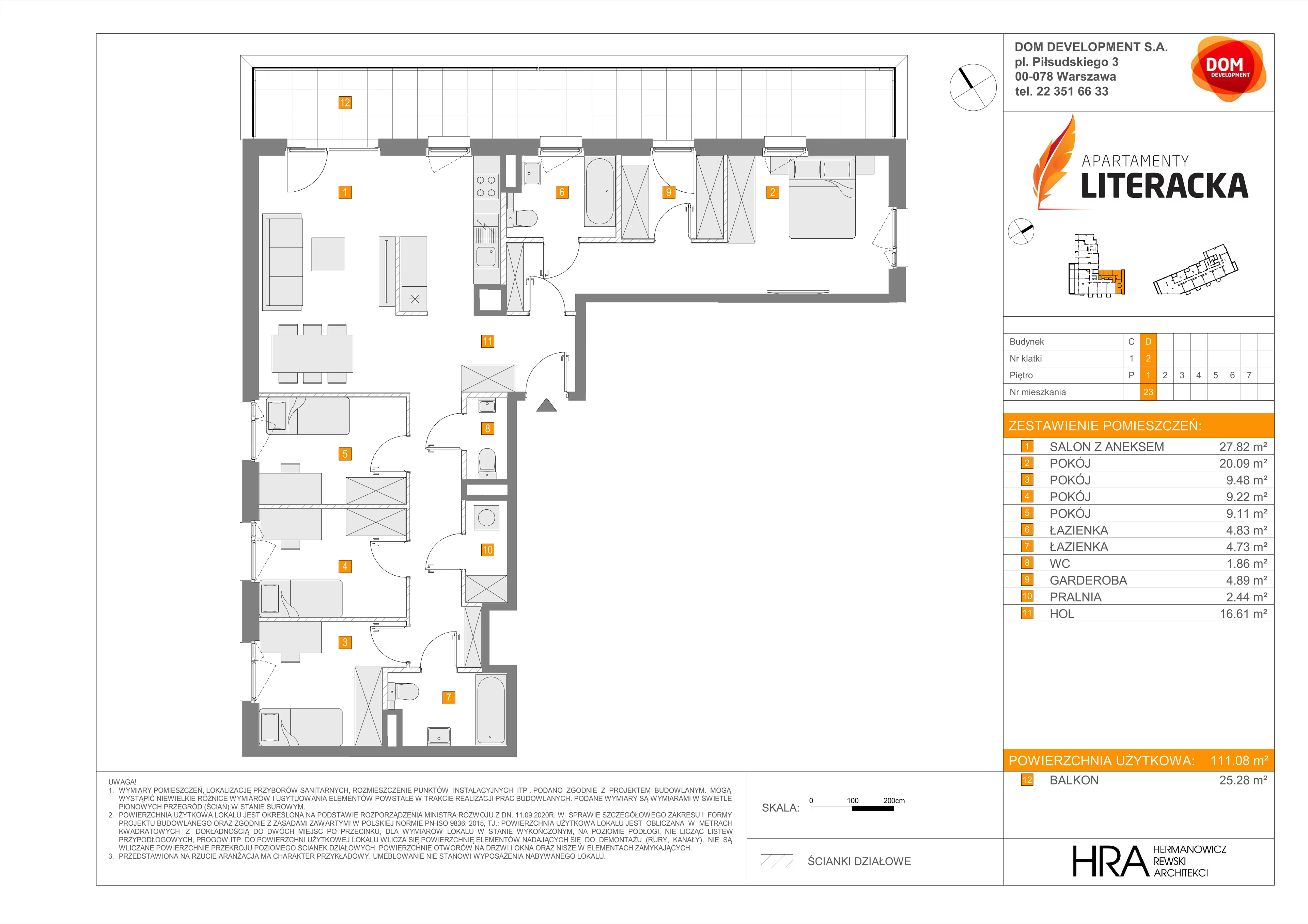 5 pokoi, mieszkanie 111,08 m², piętro 1, oferta nr D/23, Apartamenty Literacka 2, Warszawa, Bielany, Piaski, ul. Literacka