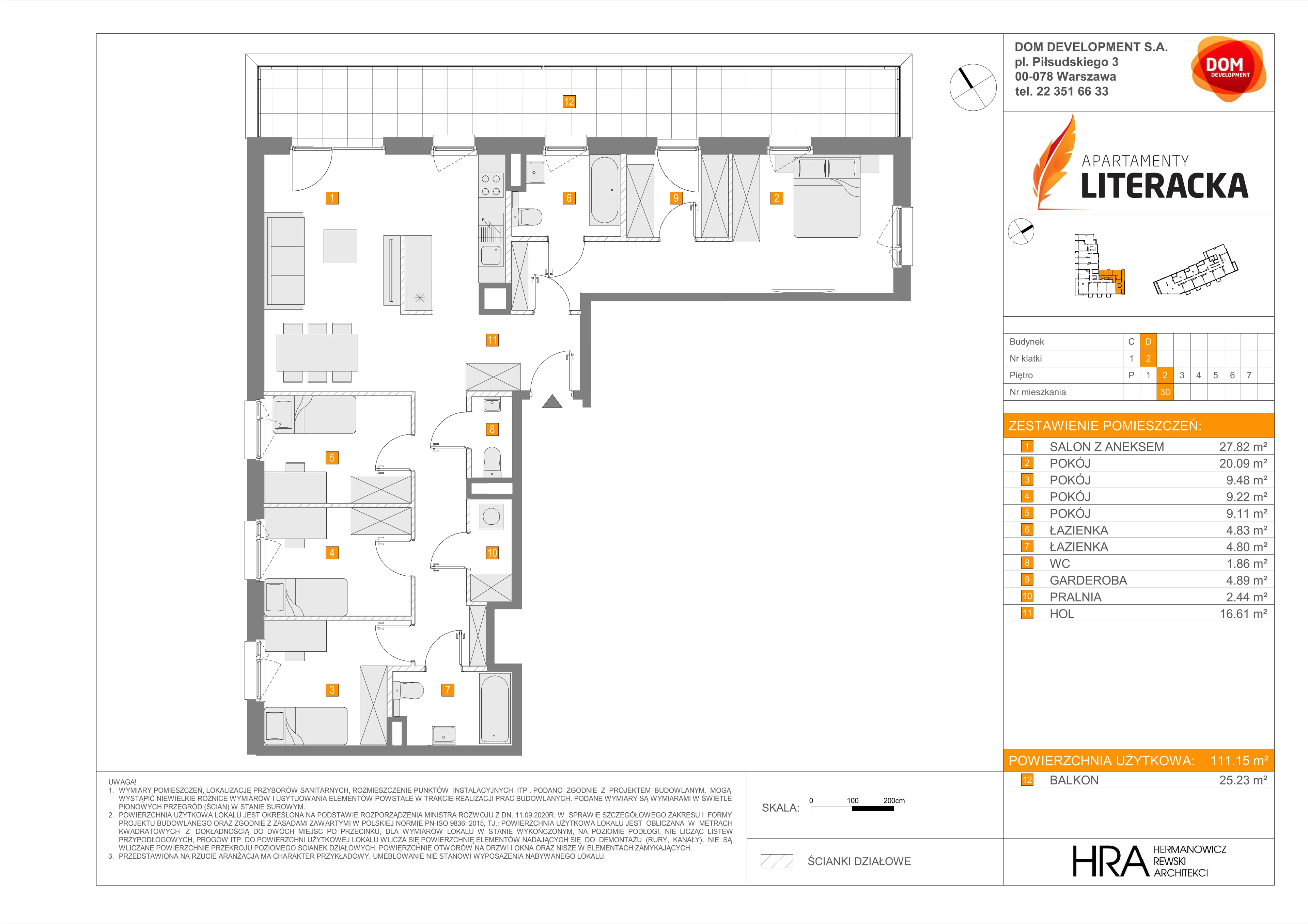 5 pokoi, mieszkanie 111,15 m², piętro 2, oferta nr D/30, Apartamenty Literacka 2, Warszawa, Bielany, Piaski, ul. Literacka