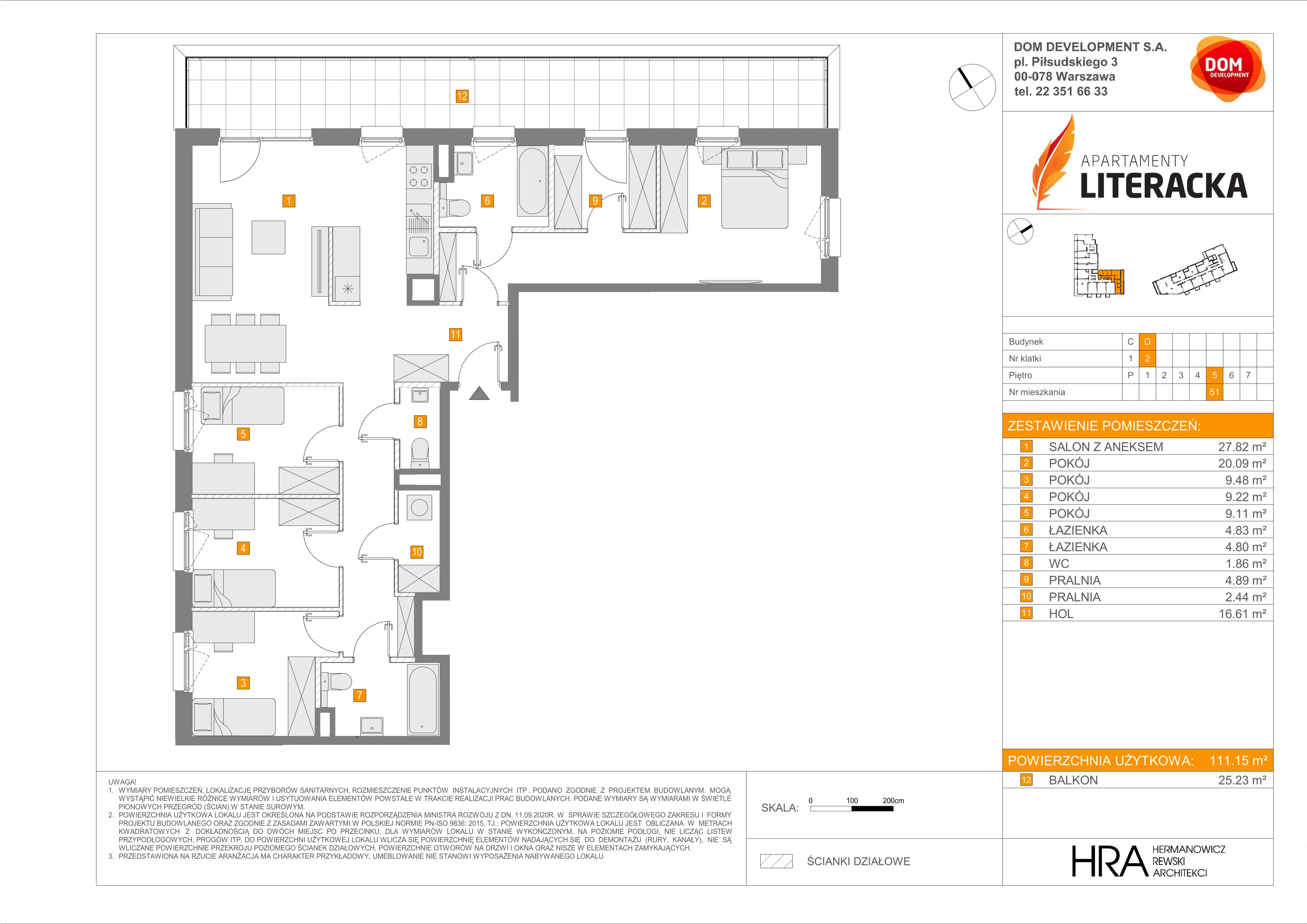 5 pokoi, mieszkanie 111,15 m², piętro 5, oferta nr D/51, Apartamenty Literacka 2, Warszawa, Bielany, Piaski, ul. Literacka