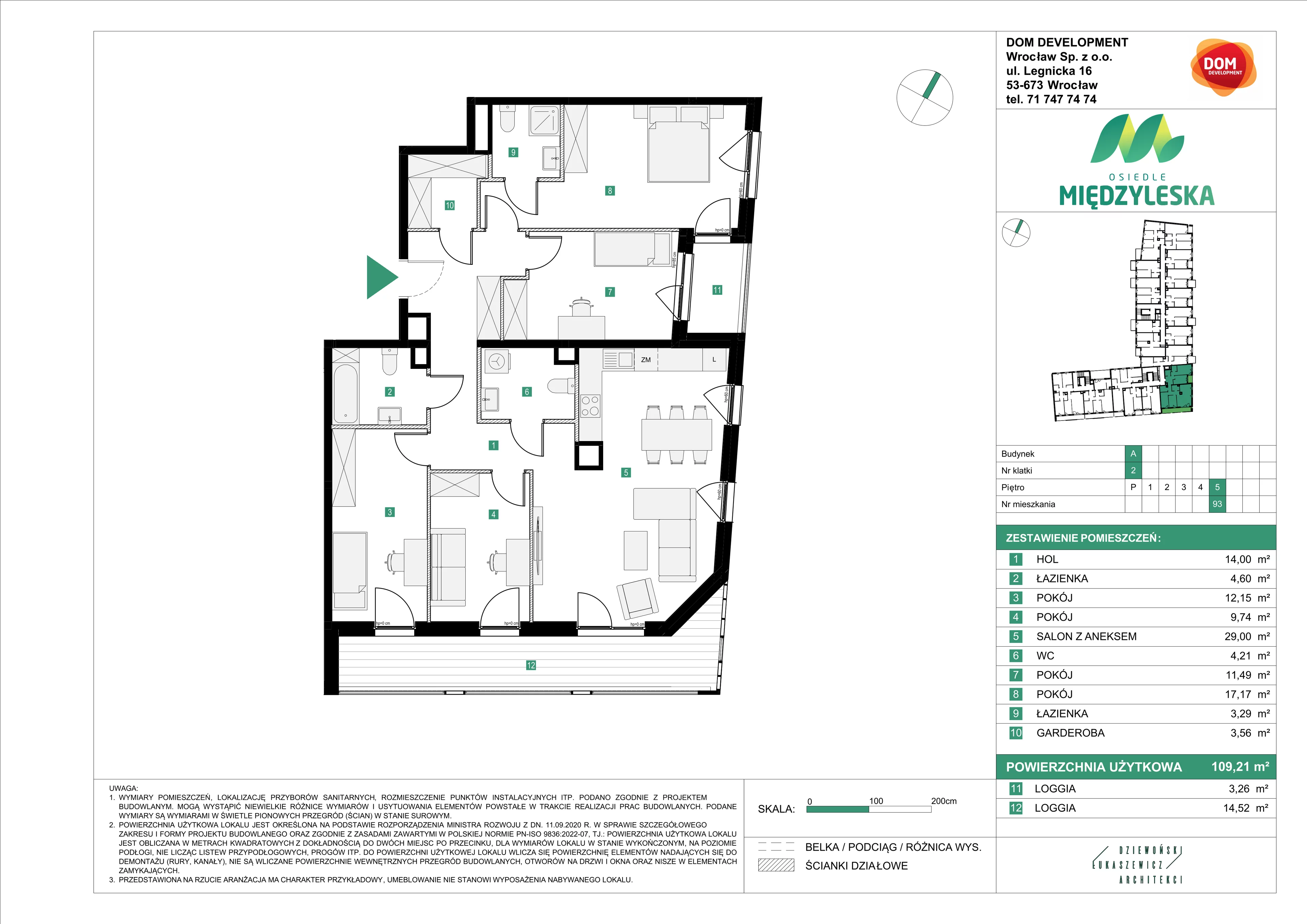 5 pokoi, mieszkanie 109,21 m², piętro 5, oferta nr A/93, Osiedle Międzyleska 3, Wrocław, Tarnogaj, Krzyki, ul. Międzyleska