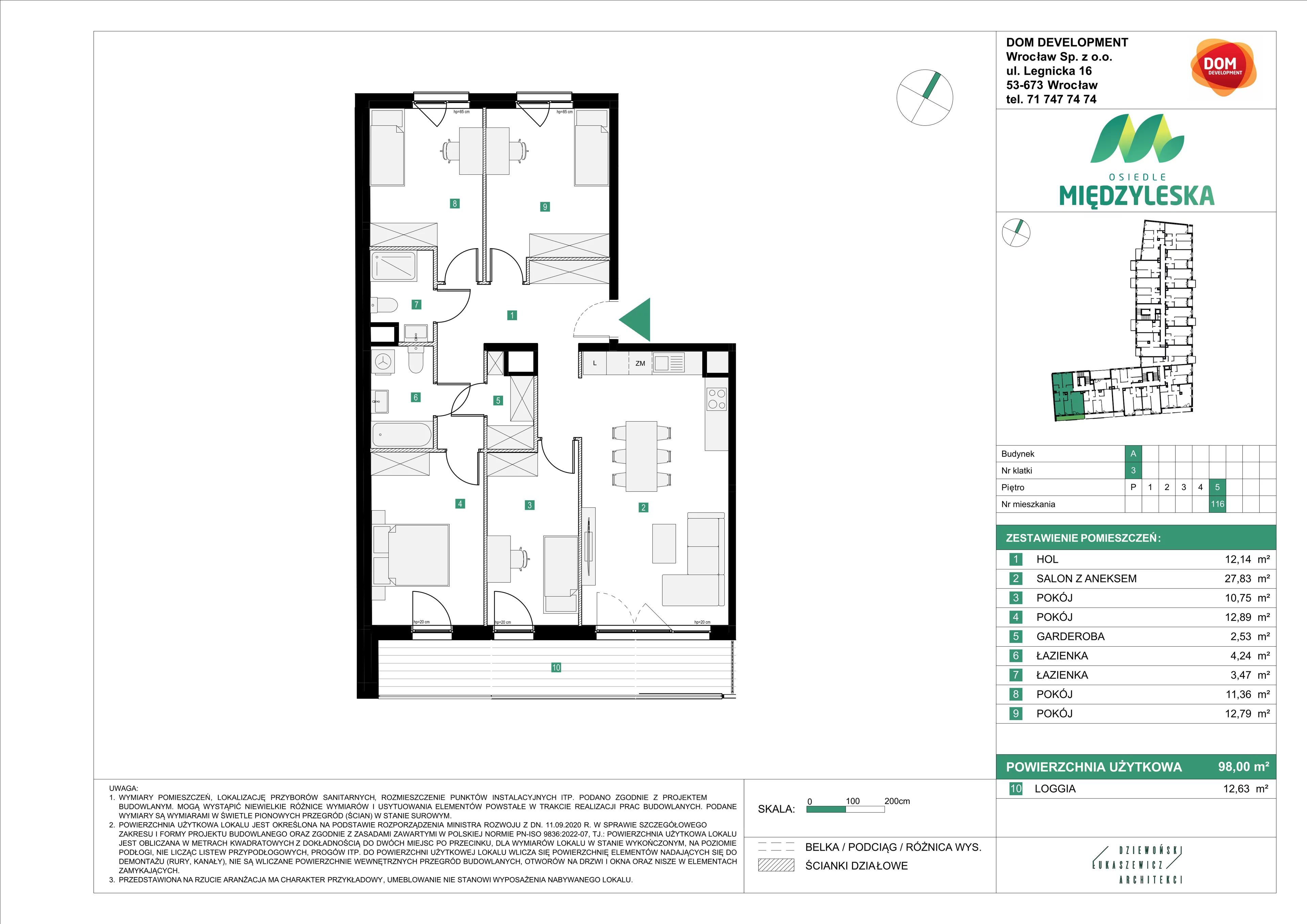 5 pokoi, mieszkanie 98,00 m², piętro 5, oferta nr A/116, Osiedle Międzyleska 3, Wrocław, Tarnogaj, Krzyki, ul. Międzyleska