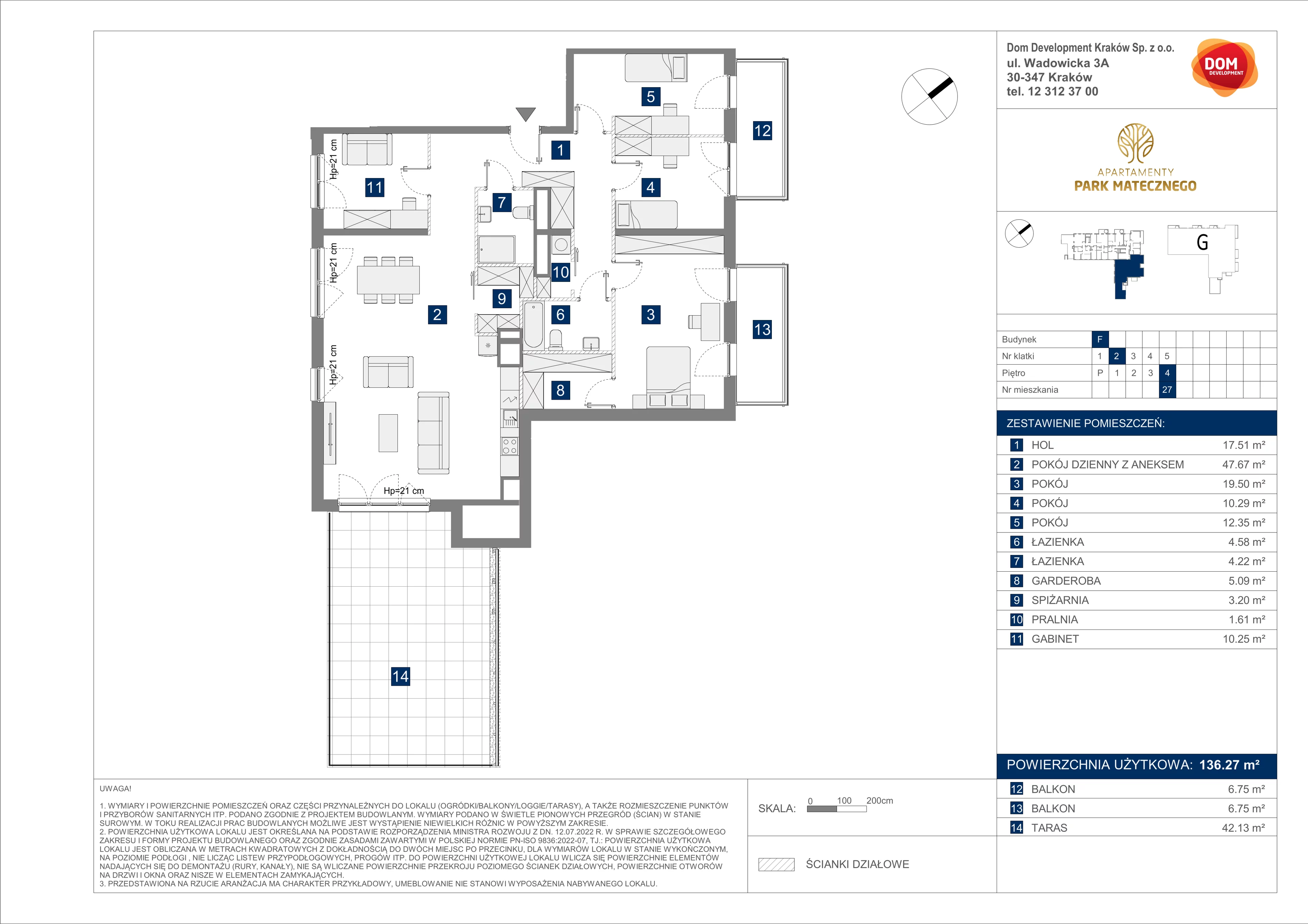 5 pokoi, apartament 136,27 m², piętro 4, oferta nr F/27, Apartamenty Park Matecznego bud. F i G, Kraków, Podgórze, Mateczny, ul. Rydlówka / Nowoorawska