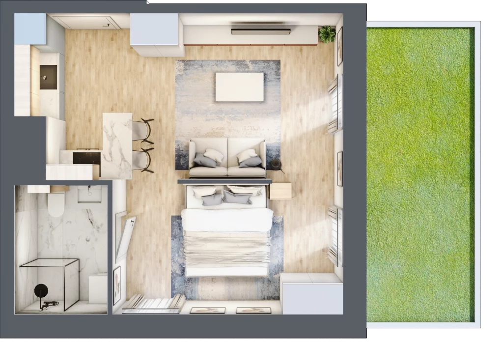 1 pokój, apartament 34,78 m², parter, oferta nr E/1, Apartamenty Park Matecznego, Kraków, Podgórze, Mateczny, ul. Rydlówka 5
